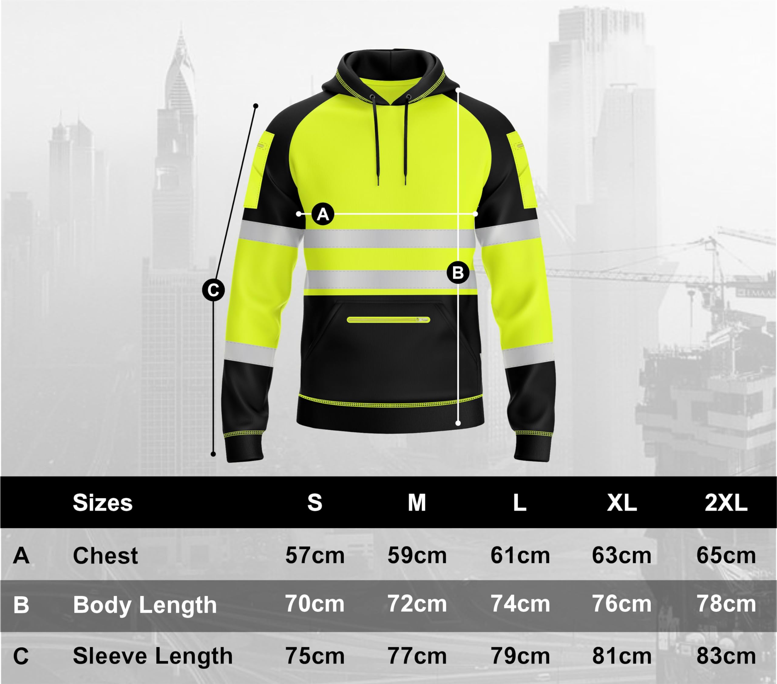 Mens Hi Vis 2 Tone Yellow Orange Sweatshirt Reflective Tape Band 3 Zips Patched Pull Over Security Work Wear Hoodie S-2XL
