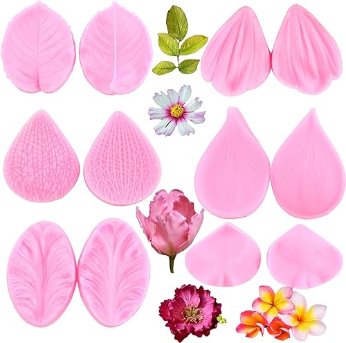 Juego de 6 moldes de silicona con forma de peonía, rosa, orquídea, plumeria, hojas y flores, color rosa, silicona, decoración de pasteles y fondant