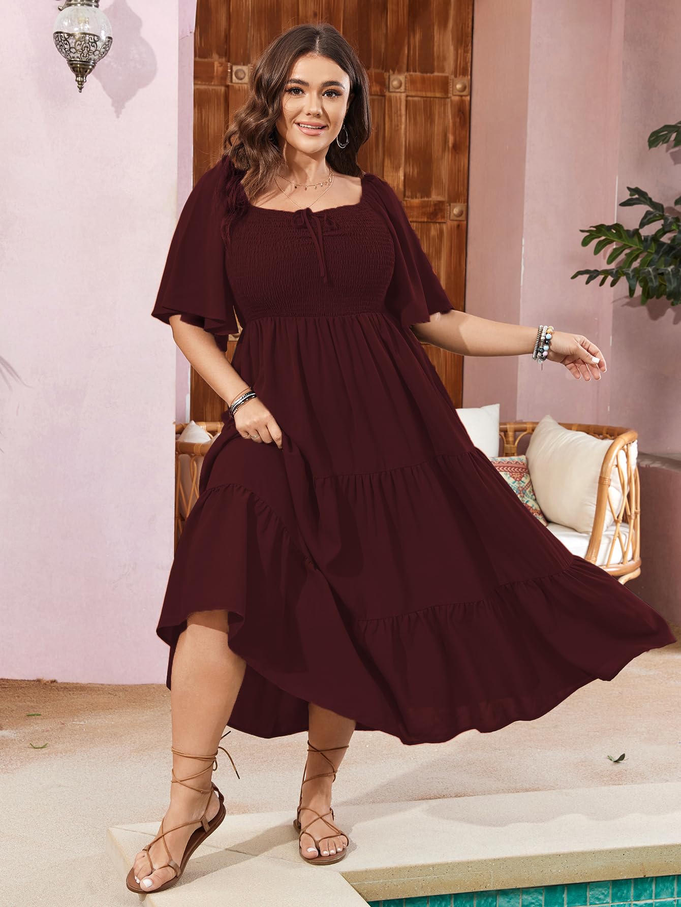 SCOMCHIC Robe longue fluide à manches courtes et col carré pour femme
