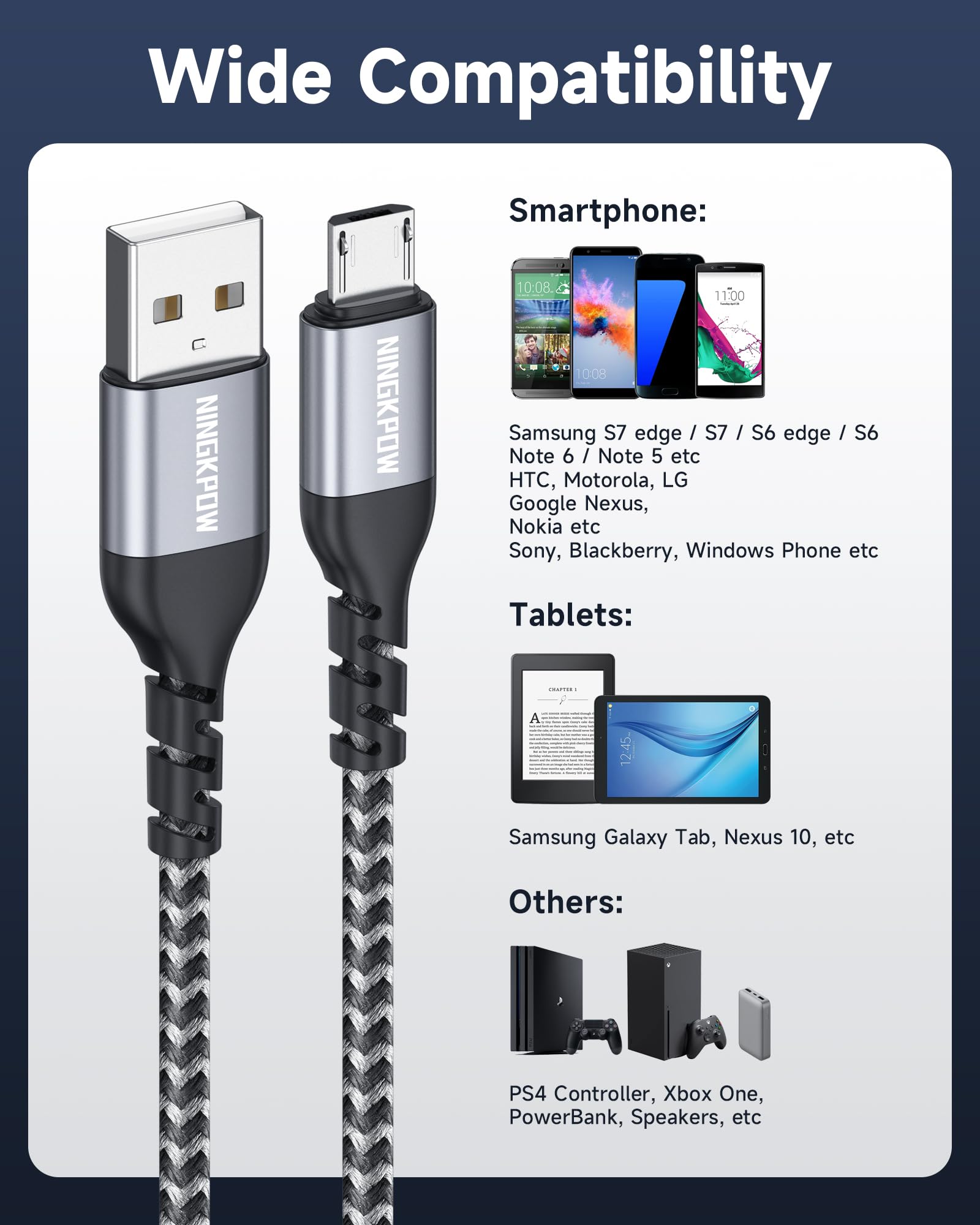Kabel Micro USB [2-pak/2M+2M] do Szybkiego Ładowania, Nylon w Oplocie | Kompatybilny z Galaxy S7 S6 S5 J7 (2018) J6 J5, Huawei P Smart, P50 P40 Lite, LG - Szary