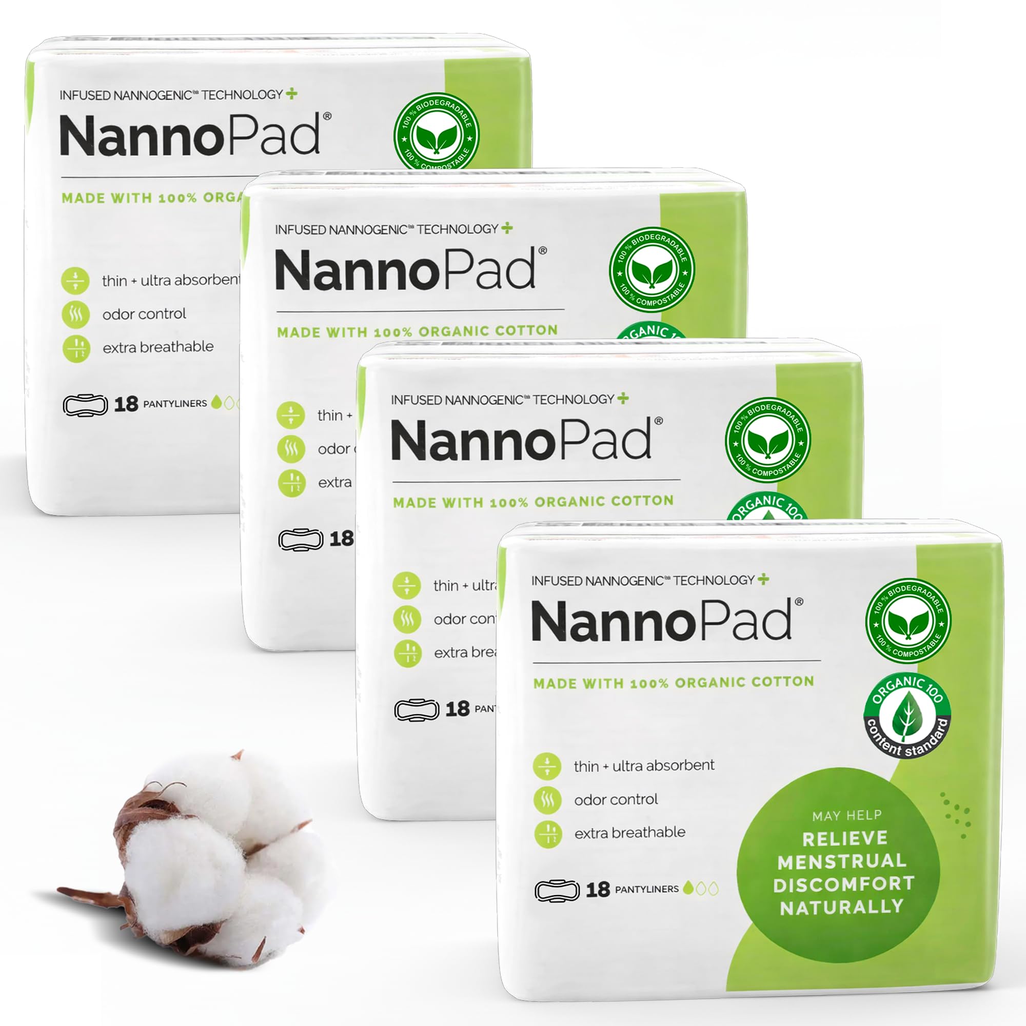 Organic Panty Liners for Women, Ultra-Thin, 4-Pack, 72 Count