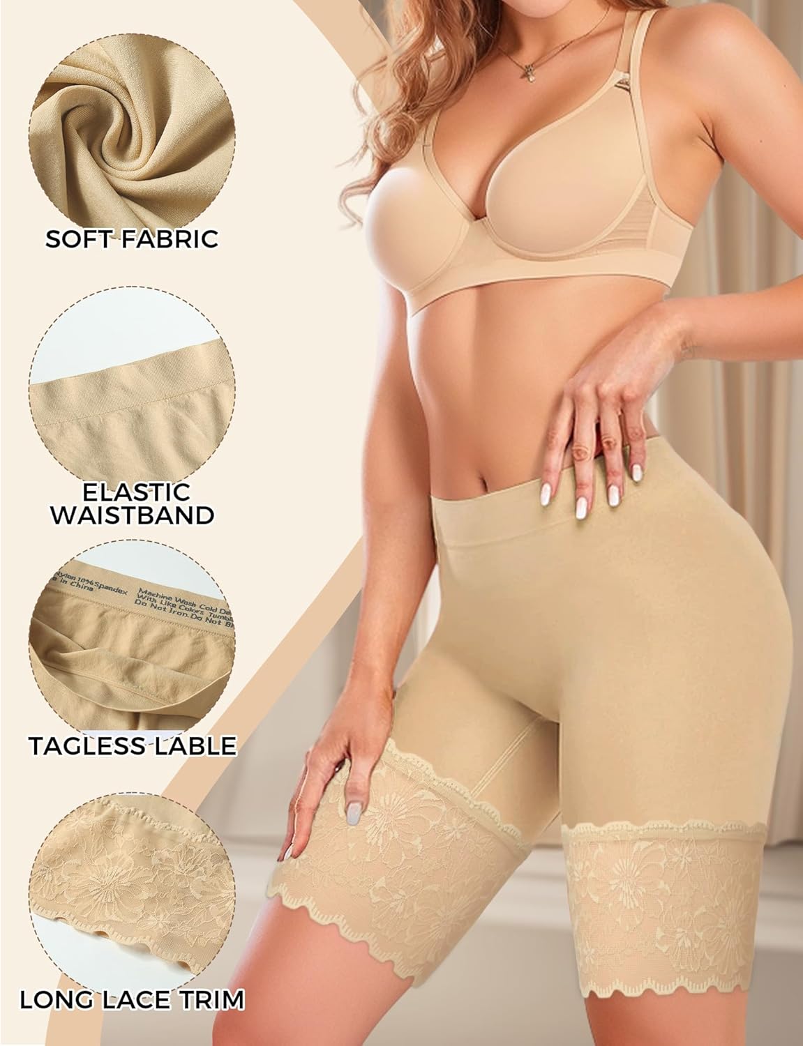 1-3 Pack Lace Slip Shorts for Under Dresses Women, Seamless Anti Chafing Shorts Lace Bloomers Shorts Panties Leggings (3 PACK Nude, 3XL) - Image 2