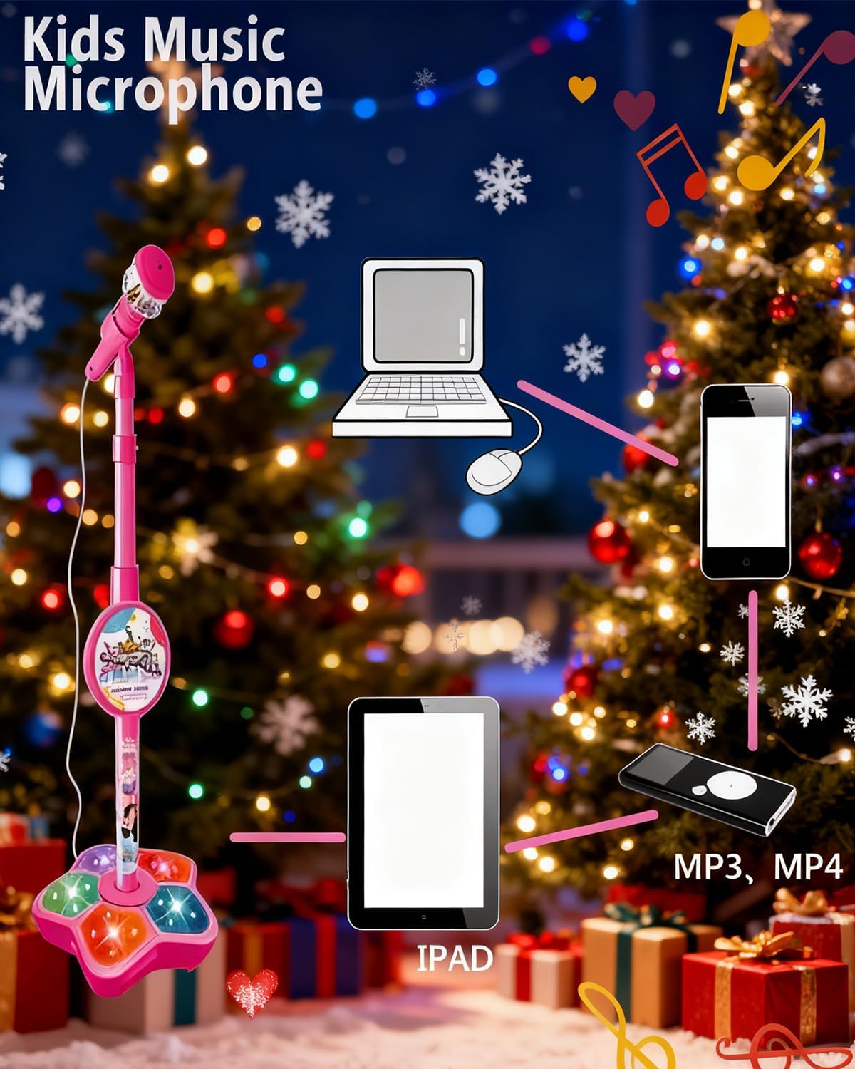 Kid Star Microphone with Stand, Adjustable Height The All in One Microphone Toy with LED Lights, Battery Powered Microphone Prop for Birthday Parties Singing, Makes Every Day a Concert (Pink)
