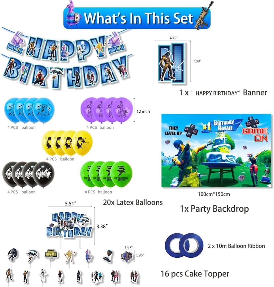 unisex Gamer Birthday Party Decorations Set, Happy Birthday Banner, 20 Latex Balloons, 16 Cake Toppers, Party Backdrop, Gaming Theme for boys girls gamers teens