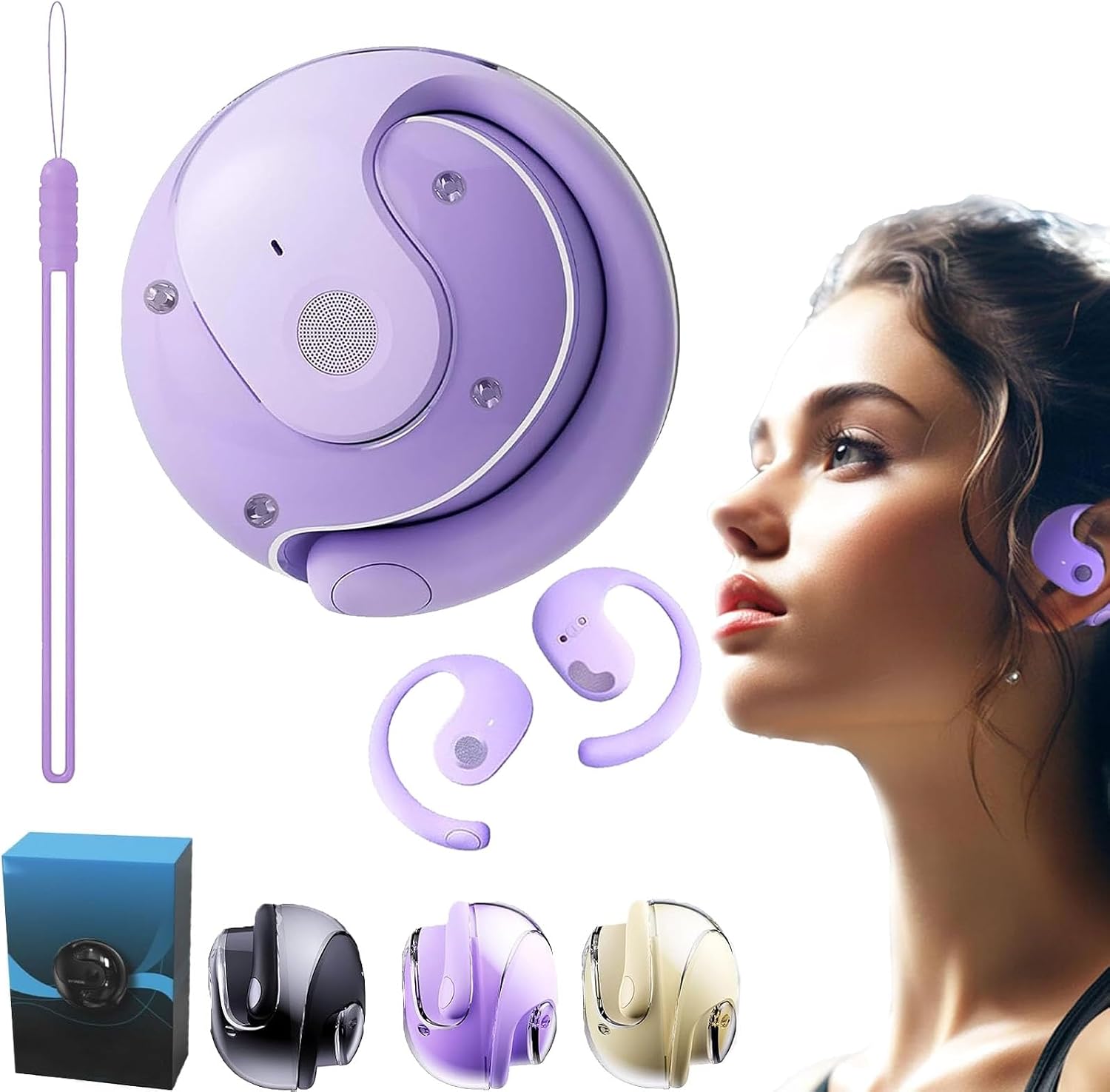 Hy-T26 Pro Wireless Bluetooth Translation Earbuds in purple, showing the charging case, two earbuds, and a lanyard.