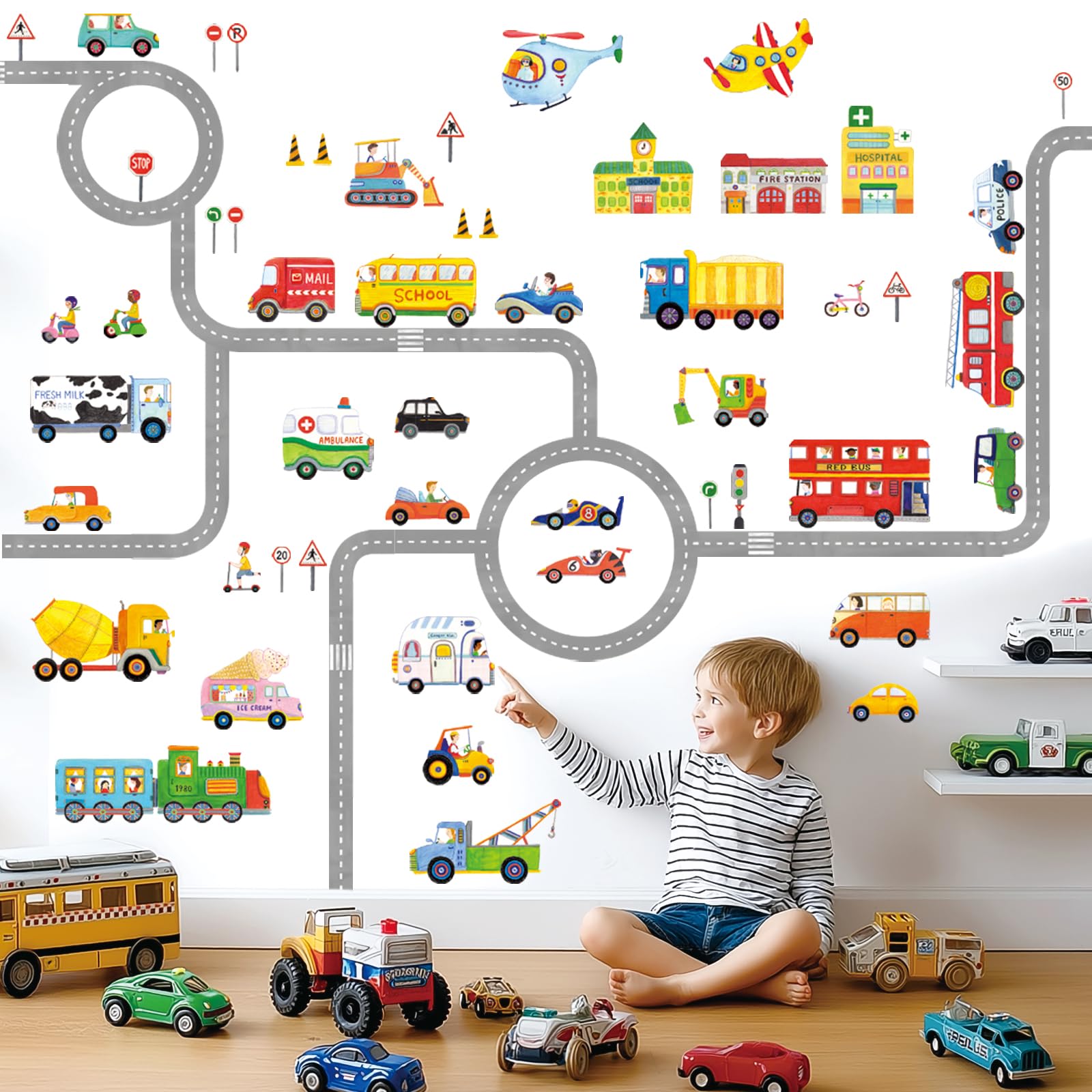 DECOWALL Kids Transport Wall Stickers – Cars Trucks Trains Road Play Wall Decals for Nursery Bedroom Playroom Decor (SG3-1404P1405)