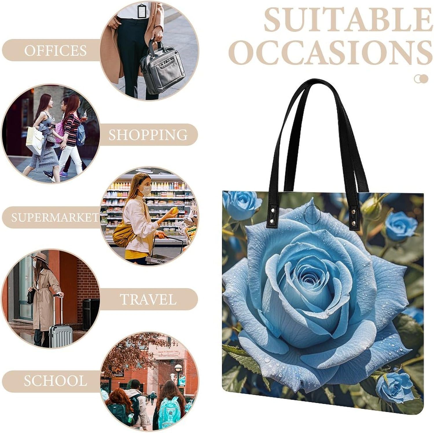 Romantic Blue Rose Tote Bag with Magnetic Buckle Reusable Grocery Bags Lightweight Cross Body Handbag for Daily Essentials