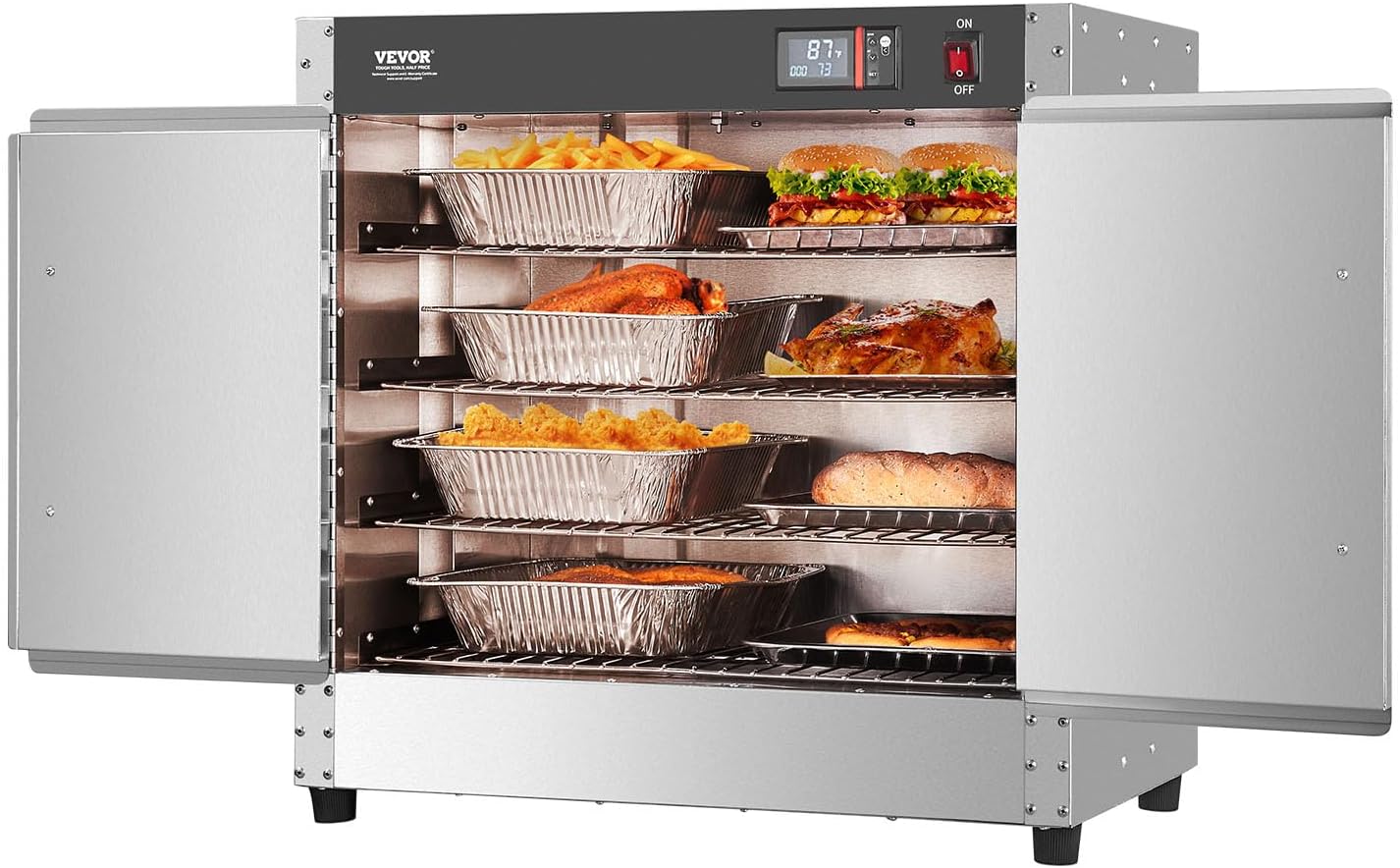 VEVOR Hot Box Food Warmer, 25"x15"x24" Concession Warmer with Water Tray, Four Disposable Catering Pans, Countertop Pizza, Patty, Pastry, Empanada, Concession Hot Food Holding Case, 110V
