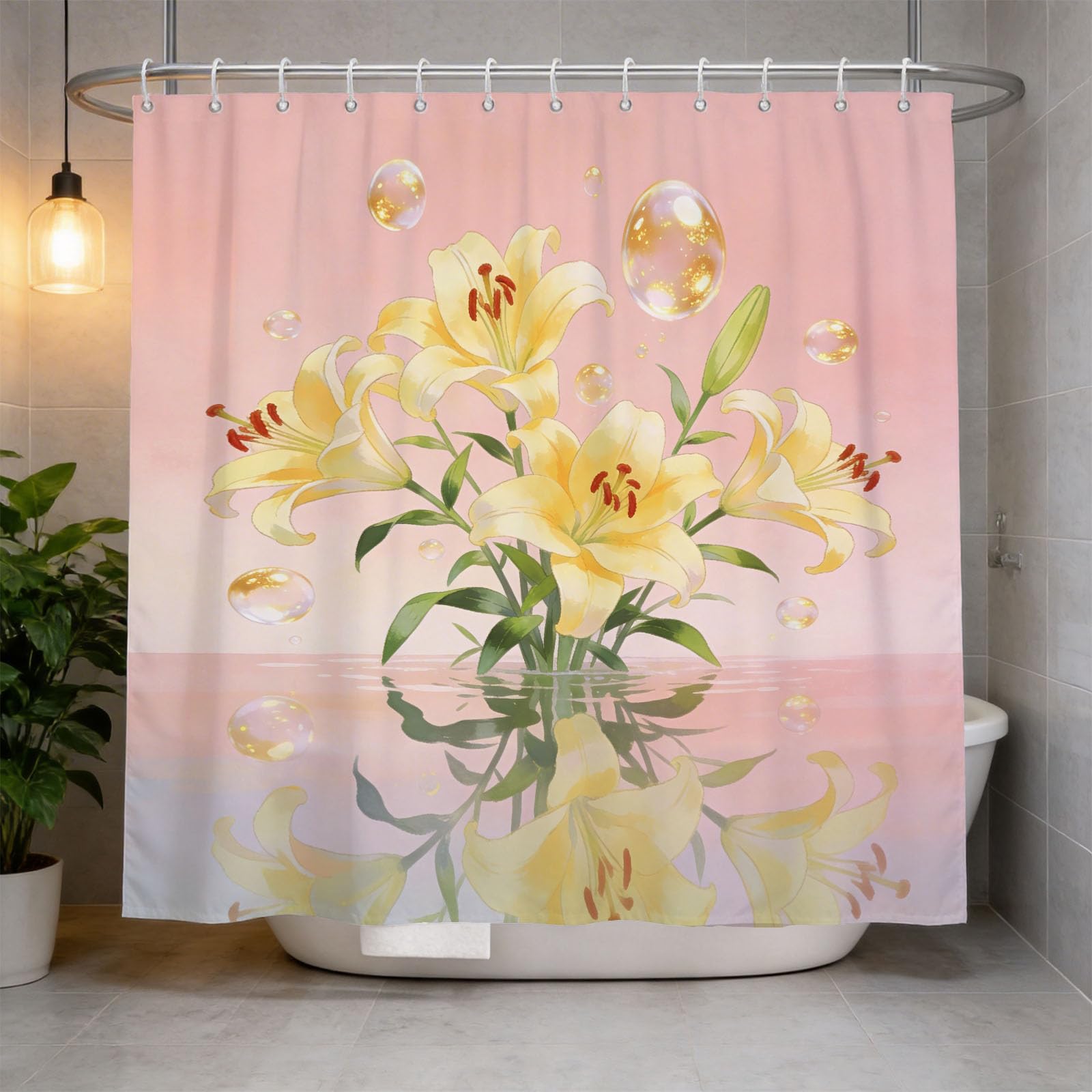 Hongduo 3D Yellow Lily Shower Curtain for Stalls Bathtubs Pink Background Bathroom Decor Shower Curtain Set Polyester Fabric Waterproof 120x180cm/48X71 Inch with Hooks