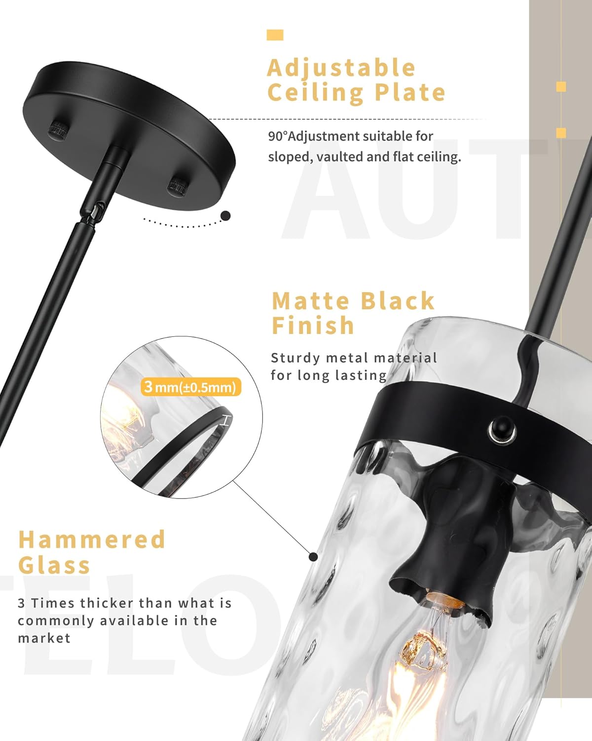 AUTELO 2 Pack Black Pendant Light, Glass Pendant Lights Kitchen Island with Hammered Glass, Modern Hanging Lamp with Adjustable Rods for Kitchen Dining Room, H-2529 HMBK2PK