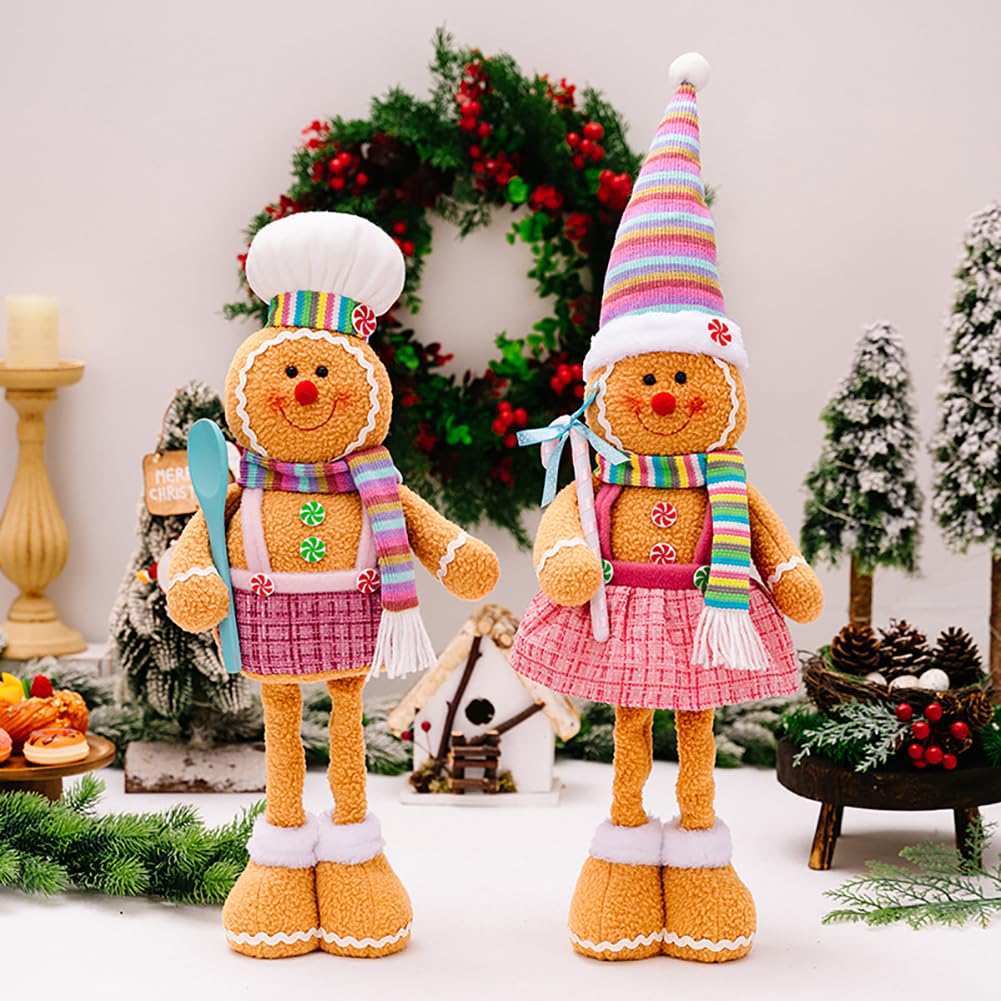 Katutude 2 figuras de peluche de Navidad, hombre de jengibre de pie con patas largas retráctiles, adornos de hombre de jengibre de Navidad, decoración de mesa de Navidad para niños y adultos