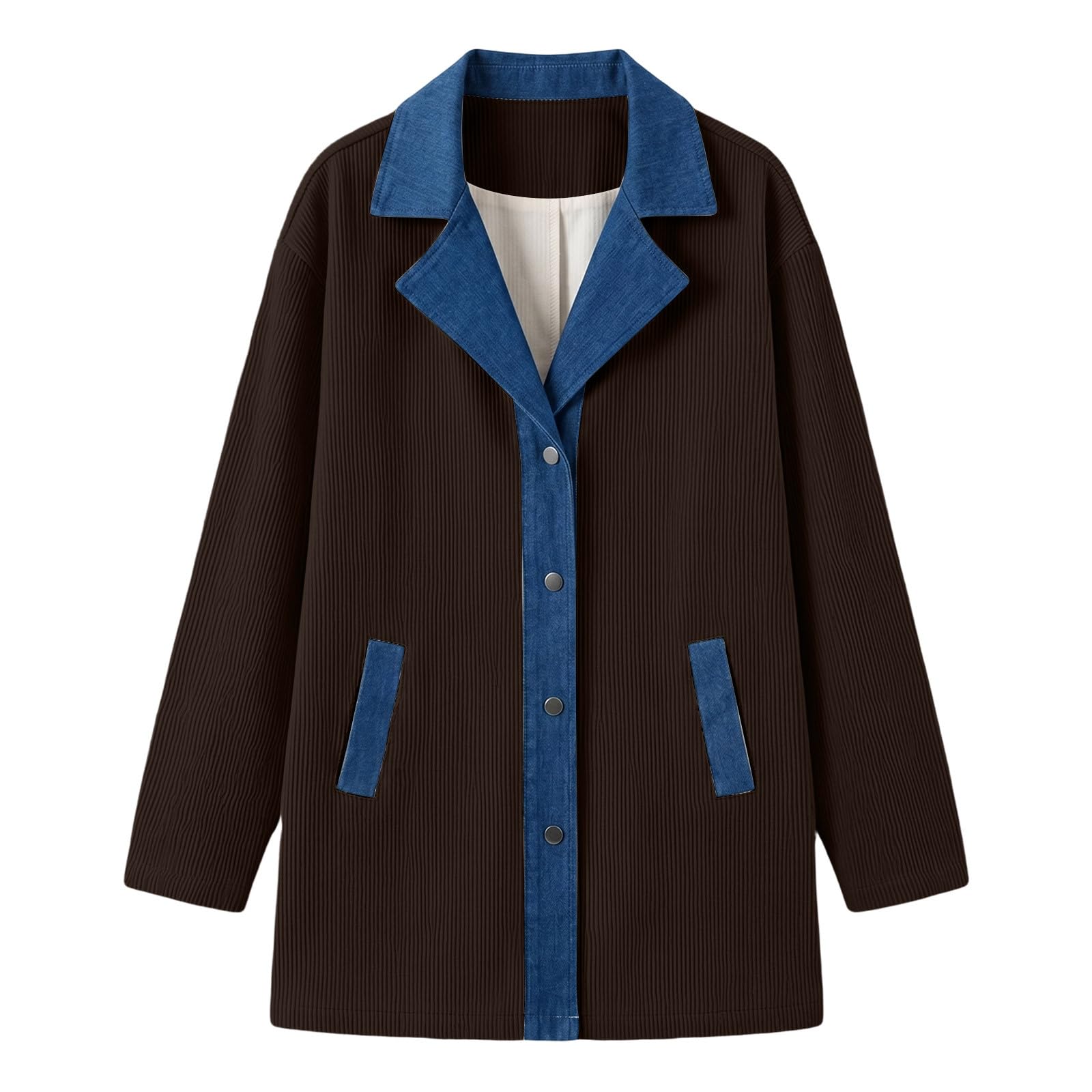 EMATOP Cordjacke Damen Lang Übergangsjacke Langarm Revers Denim Hemdjacke