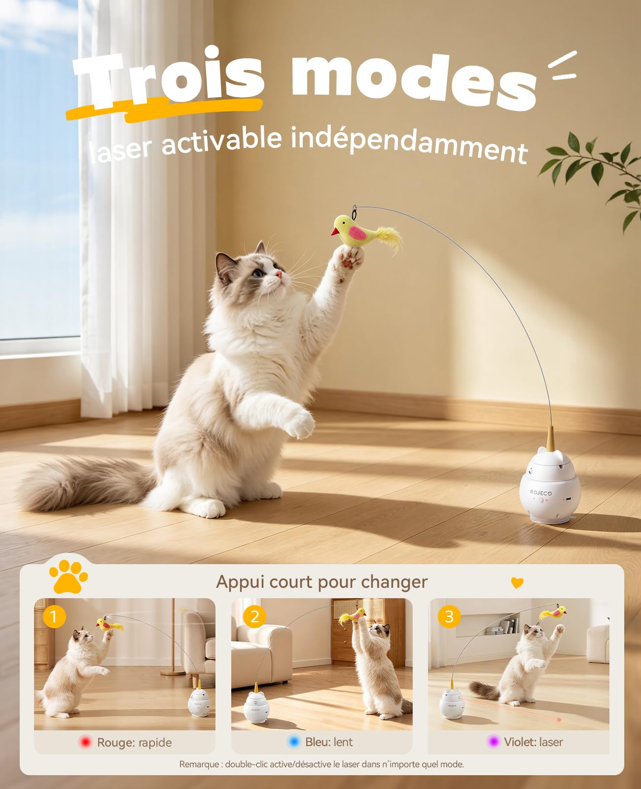 ROJECO Version Améliorée – Jouet Chat Interactif Laser Rotatif 360 & Canne Pêche 2en1, Rechargeable USB-C, 3 Modes, Ventouse Puissante, Arrêt Auto-Intelligent