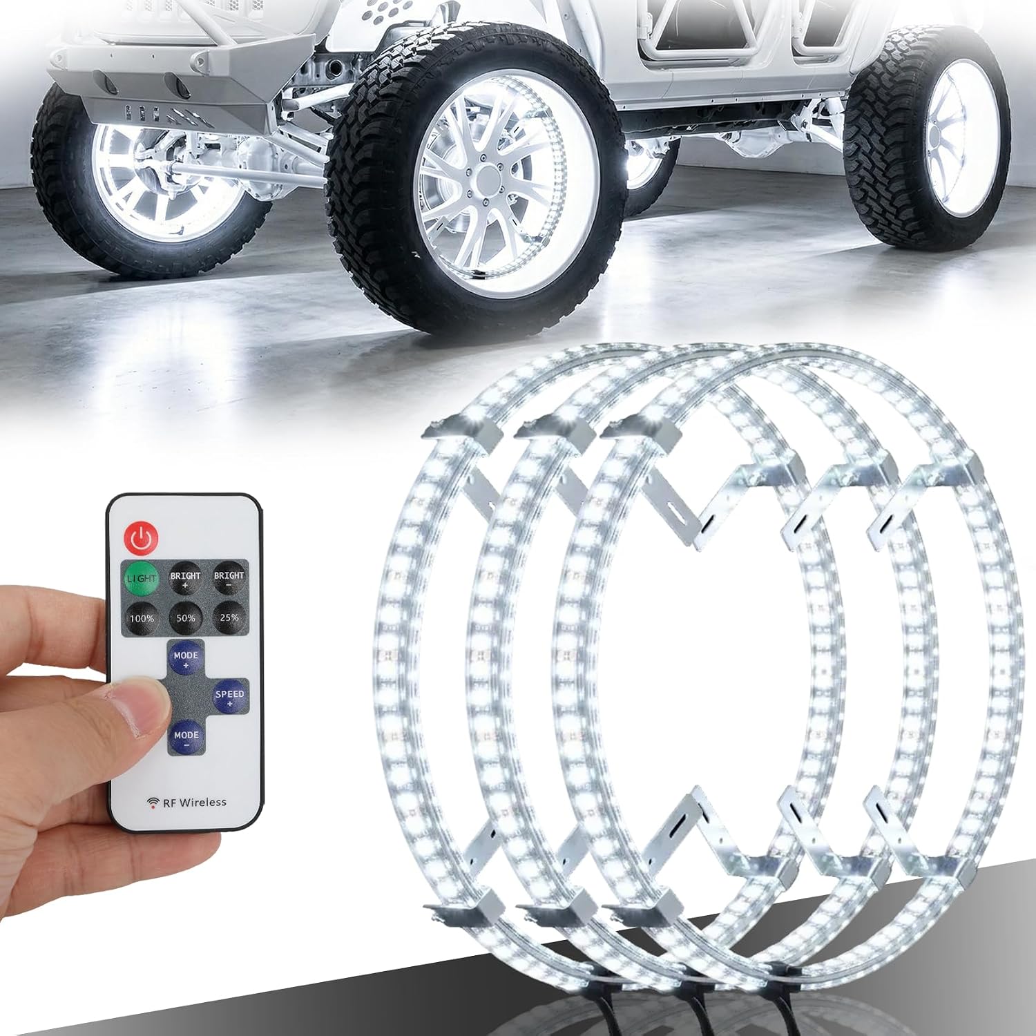 4PCS 17" Double Row Wheel Lights, Wheel Ring Lights Chasing Light Modes, Remote Control, Turn Signal - 3000K-6500K Adjustable White Wheel Lights for Truck Pickup Car Van SUV Jeep Vehical Offroad