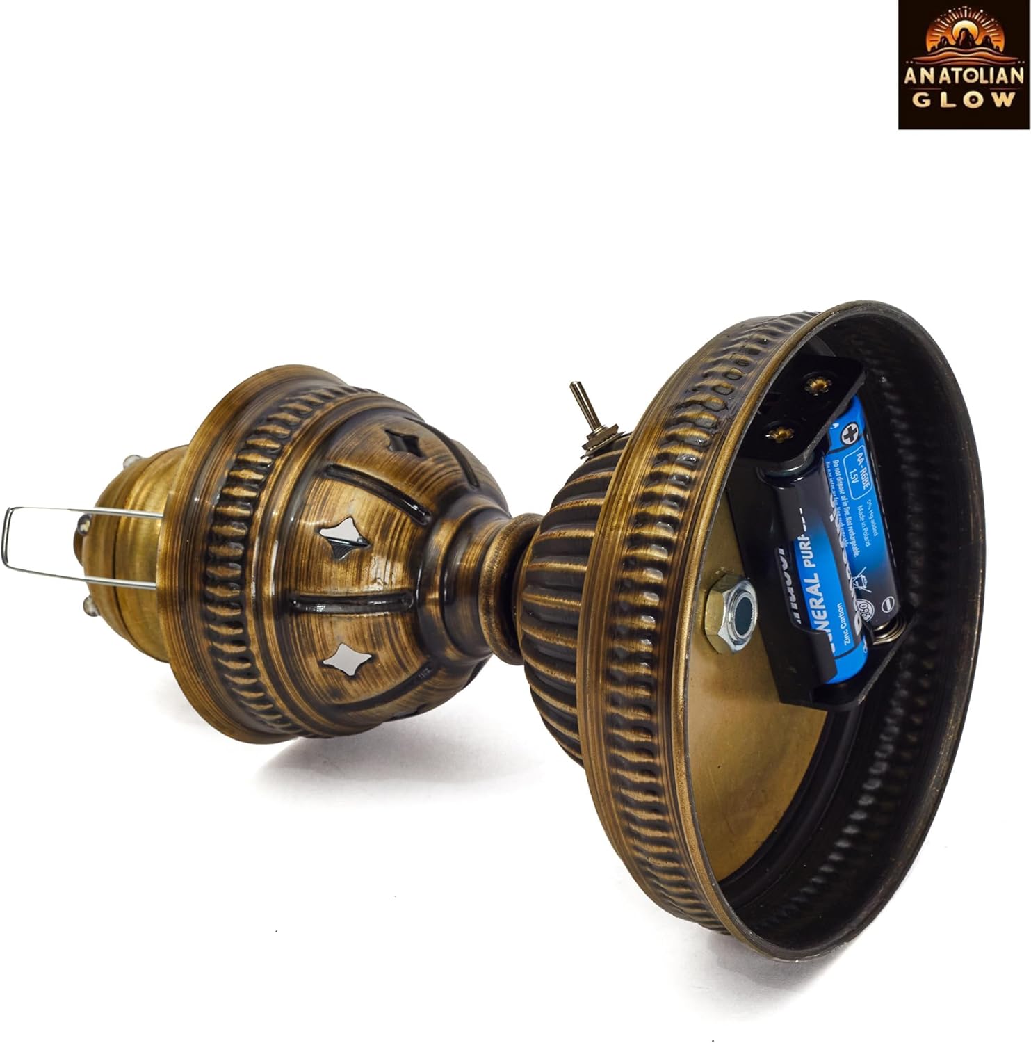 Portable Turkish Mosaic Table Lamp – Handmade Tiffany-Style Glass Light with Bronze Base and LED Bulb – Battery Powered Bedside Lamp (Mix Pattern) – Globe Size 6.5"