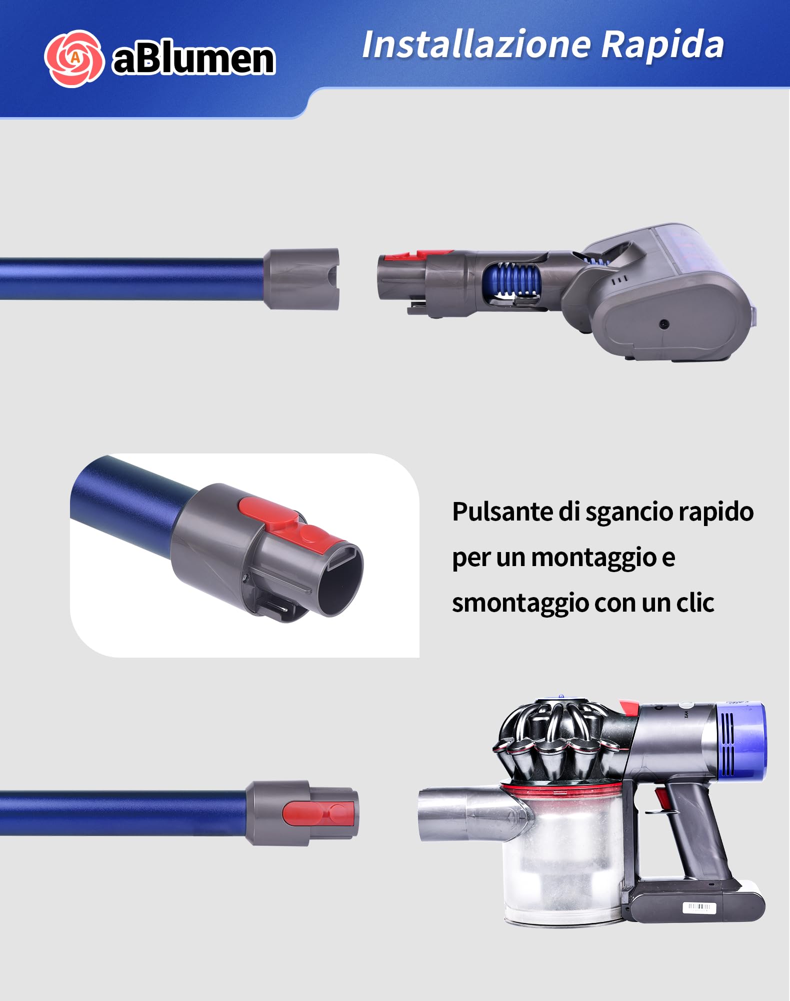 Tubo di Prolunga per Dyson V15 V11 V10 V8 V7, Tubo a Sgancio Rapido Telescopico Asta Rigida Prolunga 72 CM (Blu)