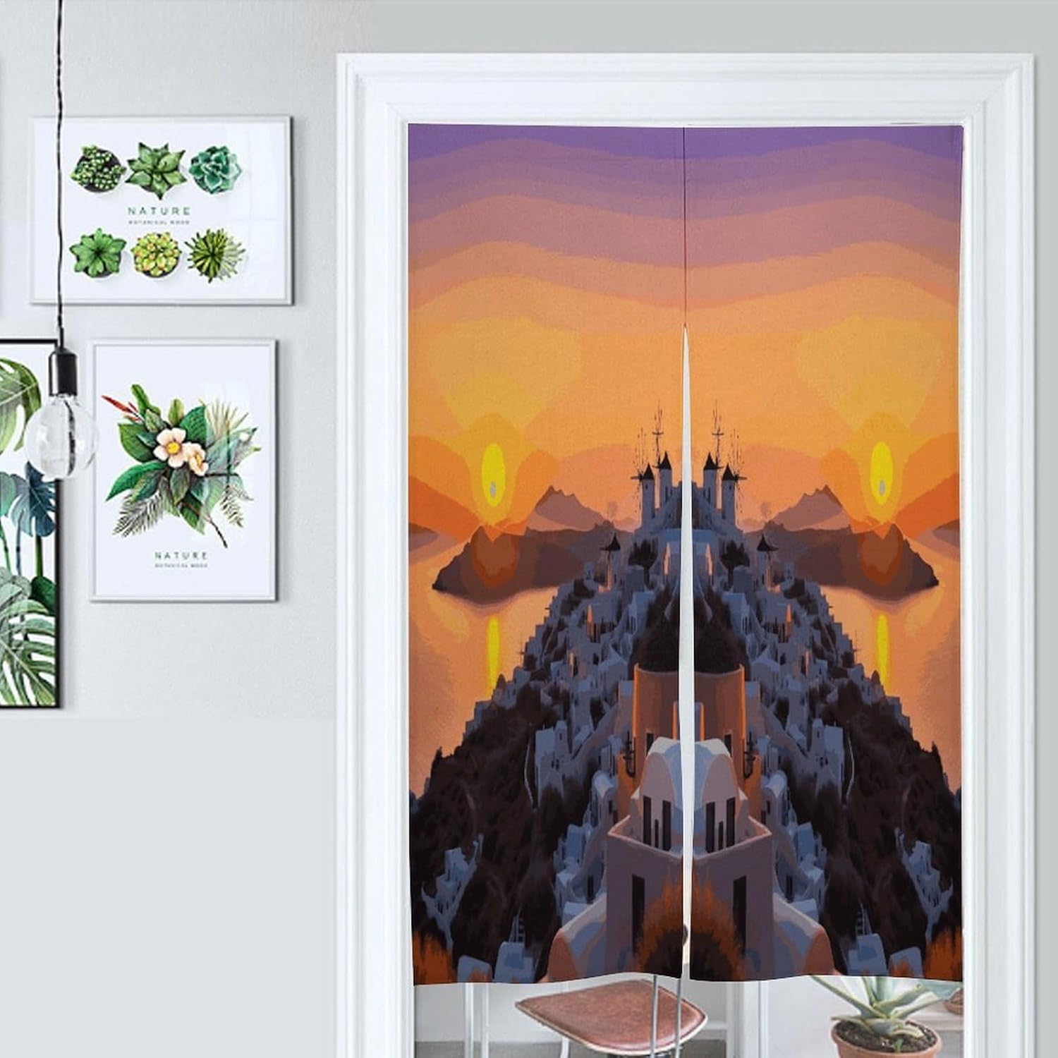 Greece Island Sunset Landscape Door Curtain Printed Doorway Noren Japanese Style Doorway Room Divider Curtains for Privacy Partition Divider Kitchen Home Decorations Wall Hanging