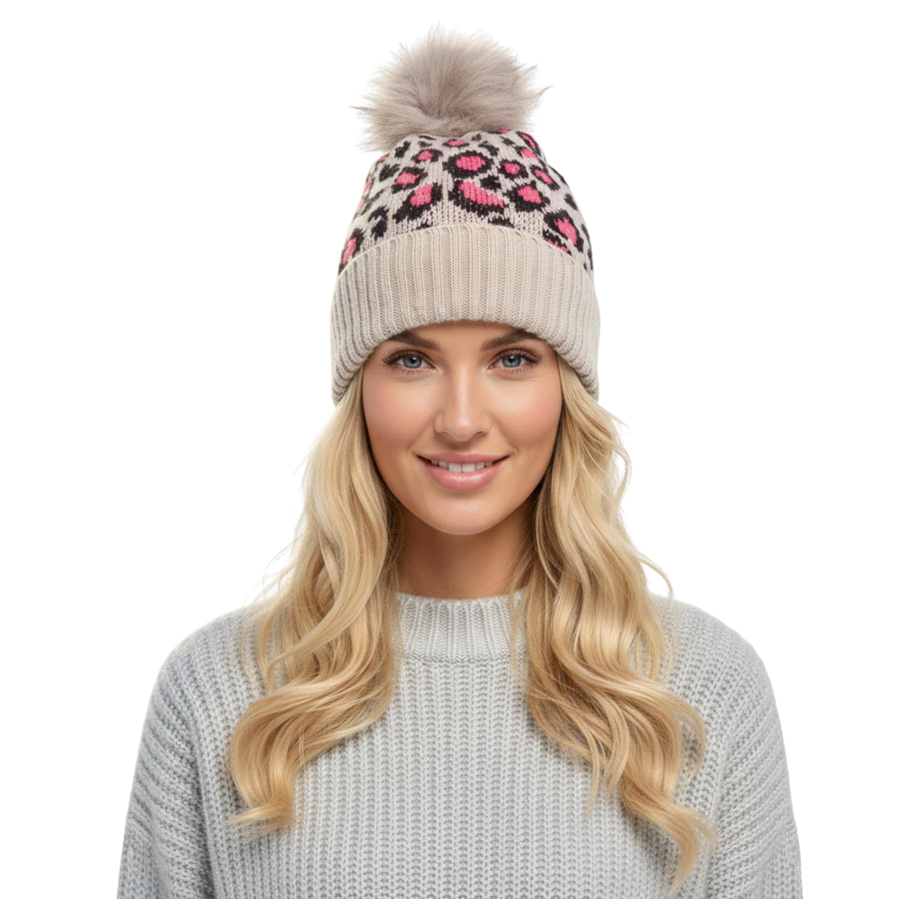 A2z Women's Pink Hats Leopard Knitted Bobble Beanie Faux Fur Pom Pom - Hat Lh893 One Size