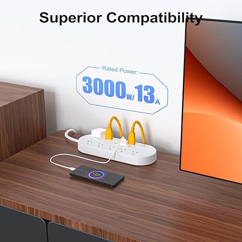Miniatura 4 de Regleta de alimentación de enchufe plano, toma de corriente conmutada 13 en 1 con 10 tomas, 3 puertos USB, 6.5 pies, 13A3000 W, para el hogar,