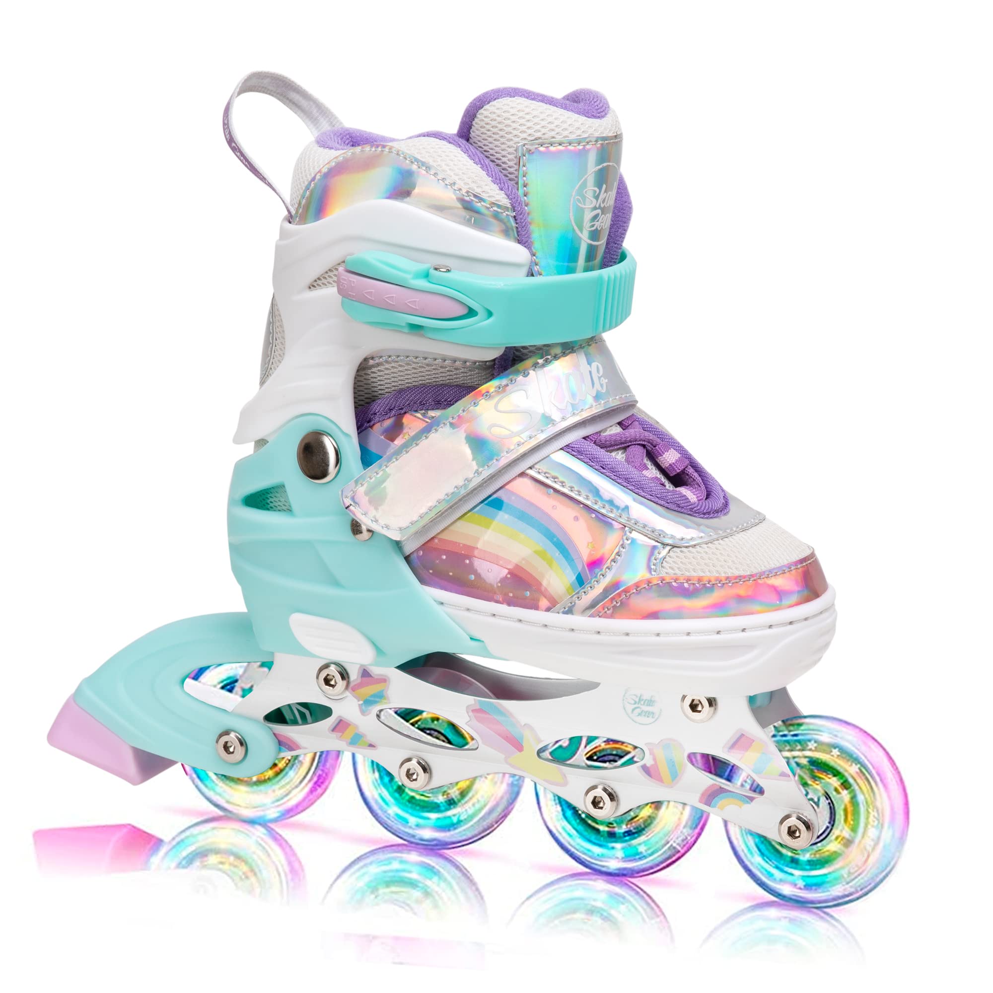 Skate Gear Rainbow Adjustable Light up Inline/Quad Roller Skates for Girls and Boys (Pink - Inline, Small)