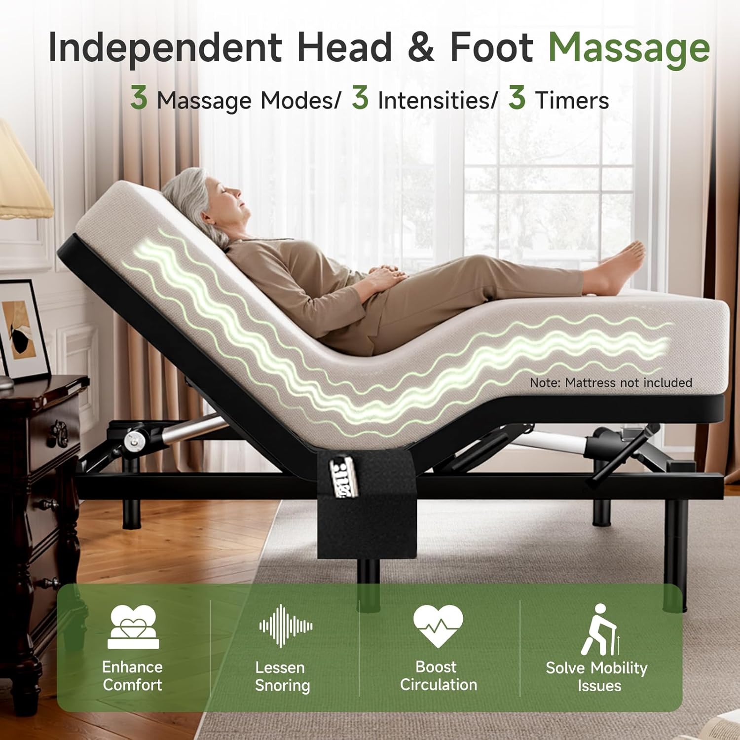 Queen Adjustable Bed Frame with Massage & Wireless Remote, Electric Beds Base with Head & Foot Incline, Zero Gravity, 4 USB Dual Ports, Nightlight, 3 Height Options, 3 Minutes Assembly