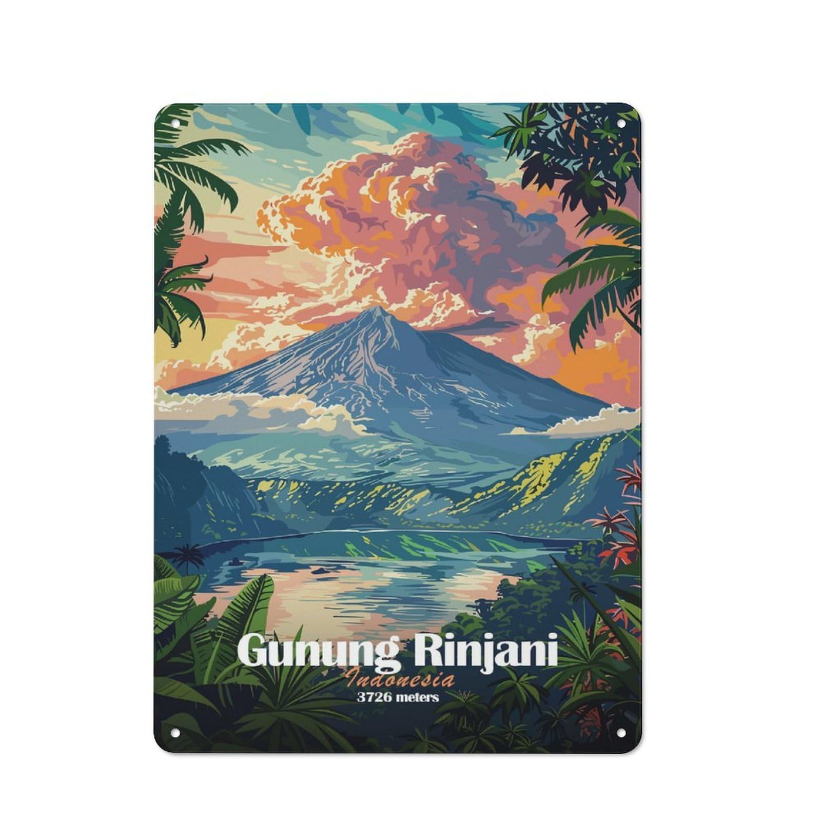 Junmoney Style-1 Gunung Rinjani, Indonesia Printed Metal Sign 40X30cm For Workshop Wall, Suited To Metal Sign Collectors, For Retro Home Interiors