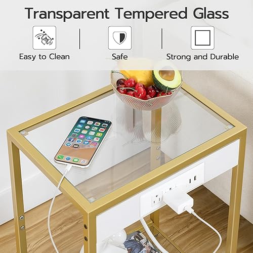 Miniatura 5 de HOOBRO Mesa auxiliar con estación de carga, mesa auxiliar con puerto USB, mesita de noche para espacios reducidos, vidrio templado, marco de metal