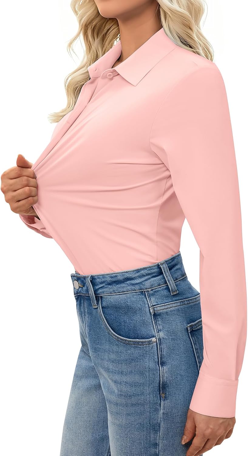Button Down Shirts for Women Slim Fit Long Sleeve Stretch Dress Shirts Work Shirt Wrinkle Free Office Blouse Top - Image 2
