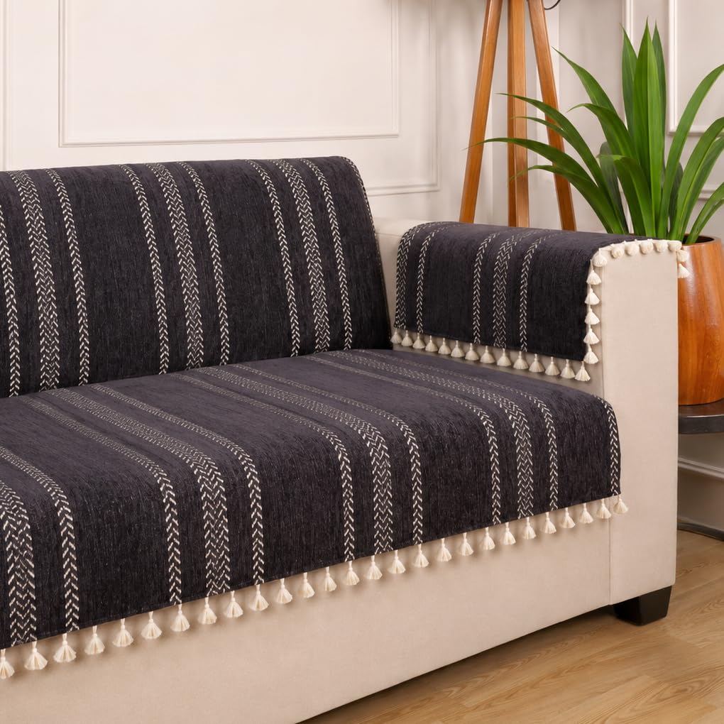 STITCHNEST Chenille Printed Sofa Cover 1 Seater with 2 Hand Rest Covers – Washable Black Sofa Cover with Tassels – Durable Premium Fabric – Stylish Sofa Protector for Living Room & Furniture Decor