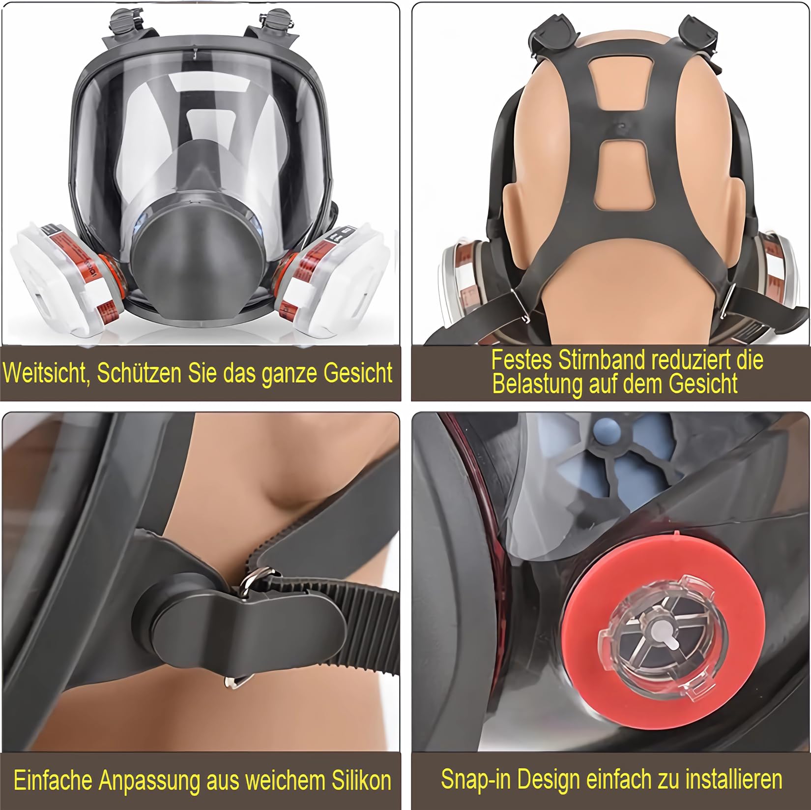 Maschera integrale 27 in 1, riutilizzabile, per vapori organici, gas acidi, umidità, pittura, lucidatura, protezione viso con 22 dischetti di cotone filtrabili, 2 cartucce