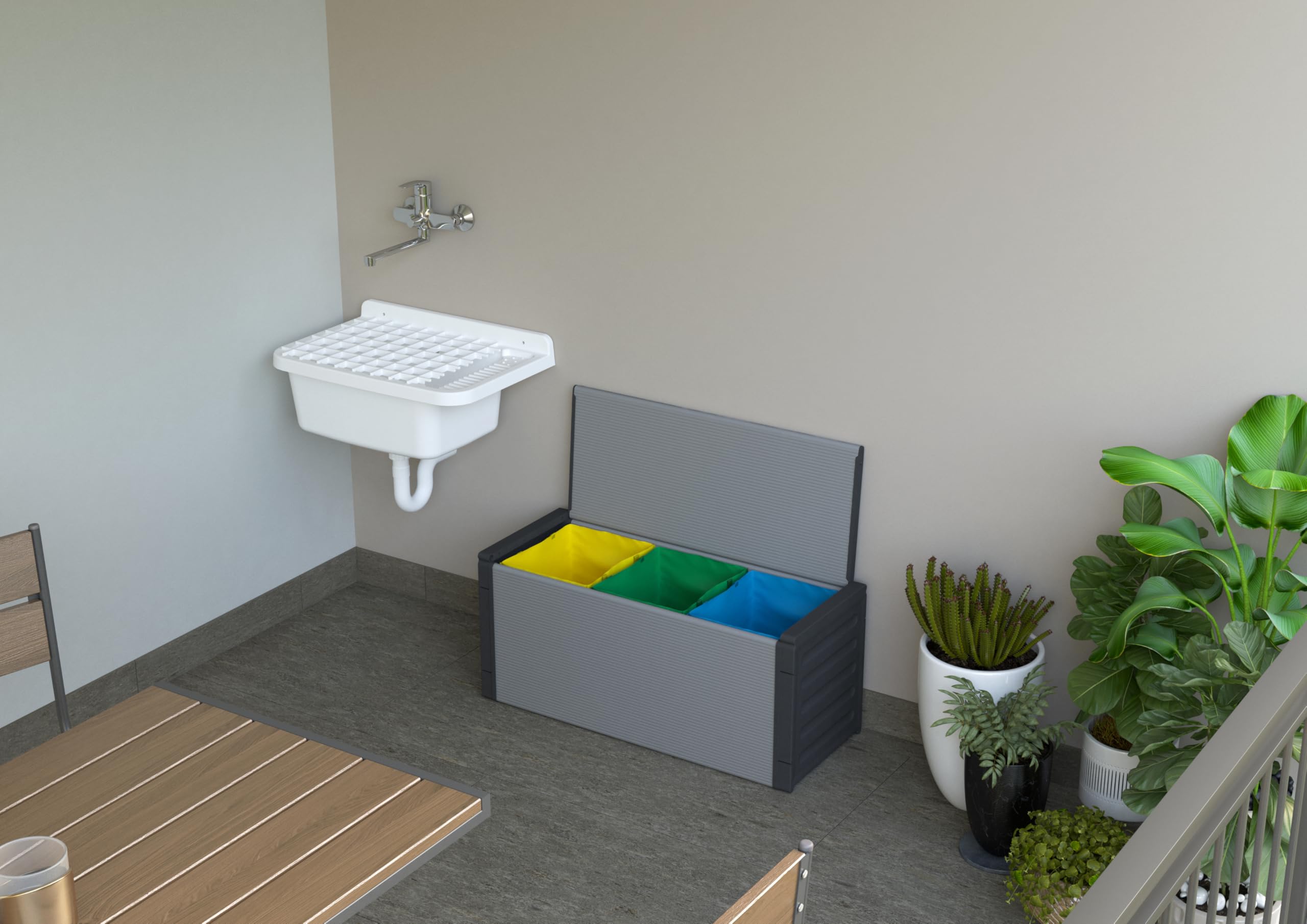 Adventa: Cassapanca per Raccolta differenziata in resina di PVC e PP, Facile da Montare, Resistente, Adatto ad ambienti Interni ed Esterni, 85L x 34P x 38H cm, Grigio