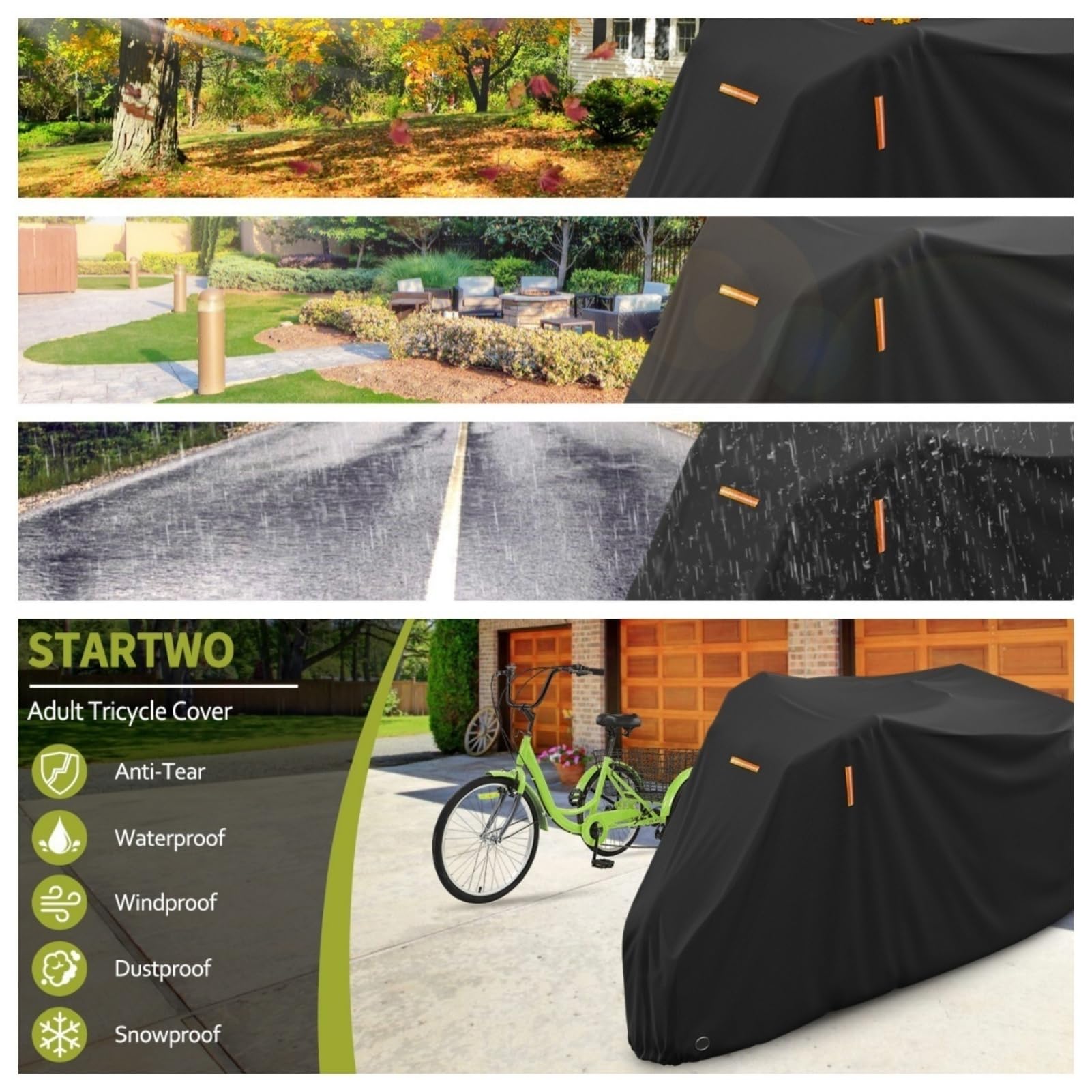 Dreiradabdeckung Für Erwachsene – Wasserdicht, Windfest, UV-beständig Mit Reißverschluss, 210D/420D Polyester, Universell Für Elektro-3-Rad-Fahrräder (Schwarz 420D,190x76x112cm)