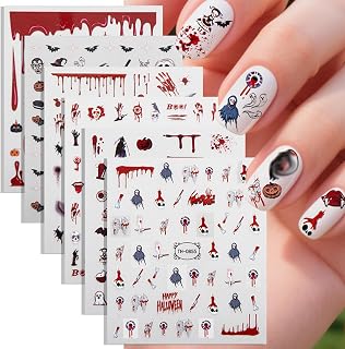 6Sheet Halloween Nail Stickers Horror Kitchen Knife Eyeball Nail Art Stickers Zombie Tooth Blood Witch Nails Decals Red Pumpkin Skull Tombstone Nails Supplies Nail Decor for Manicure Art