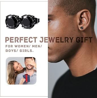 Mens Earrings Studs, 10 Pairs Stainless Steel Stud Earrings for Men, 8MM Mens Square Diamond Stud Earring Silver Black Cubic Zirconia Boys Earring Gift for Father's Day