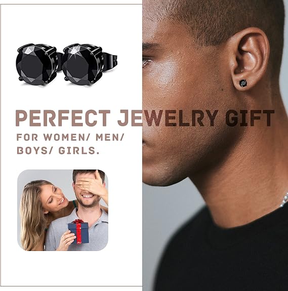 Mens Earrings Studs, 10 Pairs Stainless Steel Stud Earrings for Men, 8MM Mens Square Diamond Stud Earring Silver Black Cubic Zirconia Boys Earring Gift for Father's Day