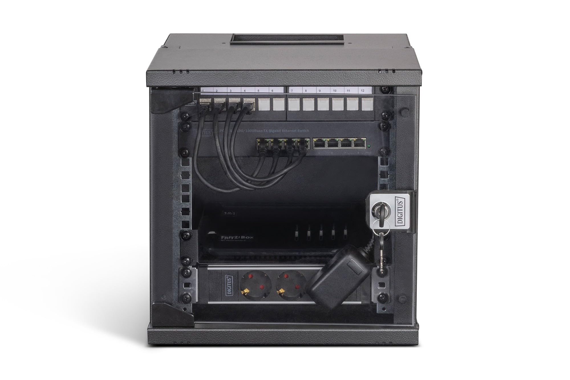 DIGITUS Zestaw sieciowy 10 cali – Szafa sieciowa 6U – Półka – Listwa zasilająca – Przełącznik 8-port – Patch panel 12-port – 12 modułów Keystone – 10 kabli patch – Niezmontowany – SOHO Pro – Czarny