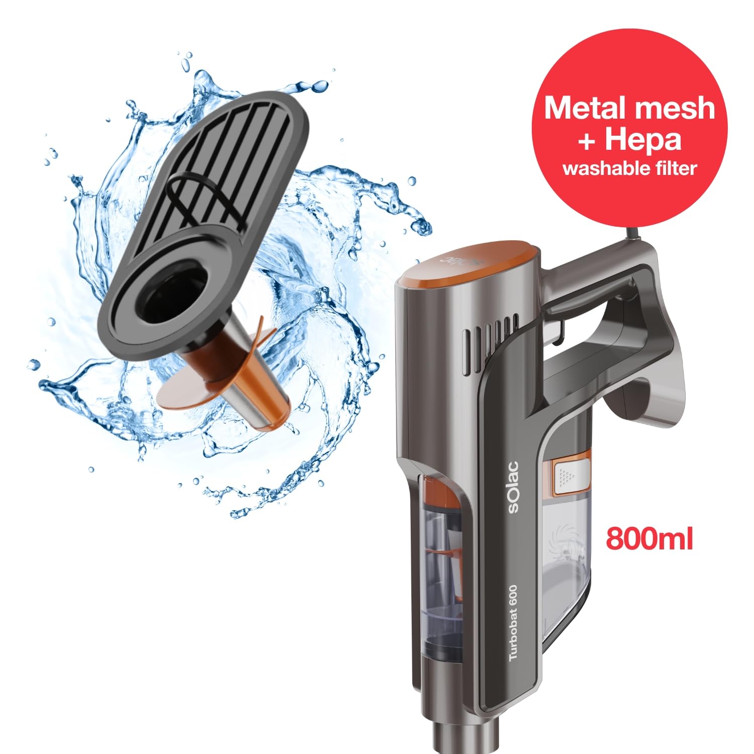 Solac - Aspirador Escoba Turbobat 600 | Potencia 12Kpa | Endless Powertech | Triple Sistema de filtrado ciclónico | Metal Mesh y HEPA | Depósito 800ml | Fácil Manejo | Accesorios Incluidos