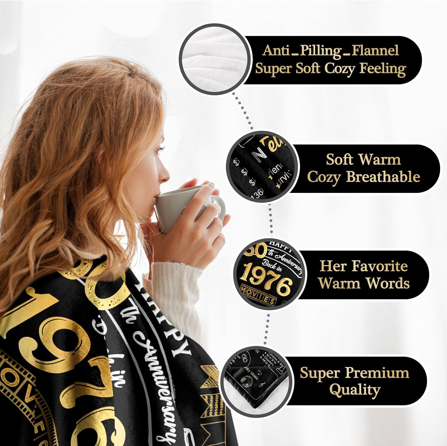 50th Anniversary Wedding Blanket Gifts Gift for 50th Wedding Anniversary Golden 50 Years of Marriage Gifts for Couple Wife Husband Dad Mom Parents Back in 1976 Blanket 60Lx50W - Image 5