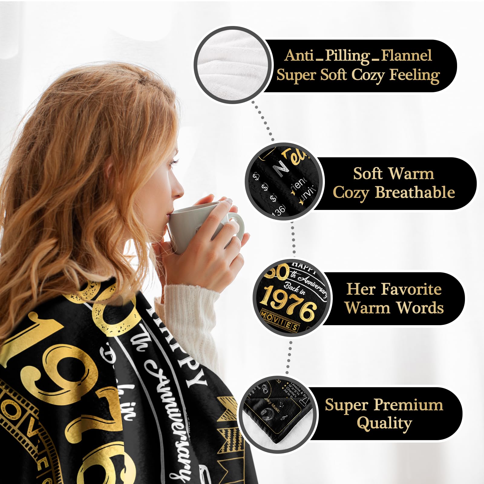 50th Anniversary Wedding Blanket Gifts Gift for 50th Wedding Anniversary Golden 50 Years of Marriage Gifts for Couple Wife Husband Dad Mom Parents Back in 1976 Blanket 60Lx50W