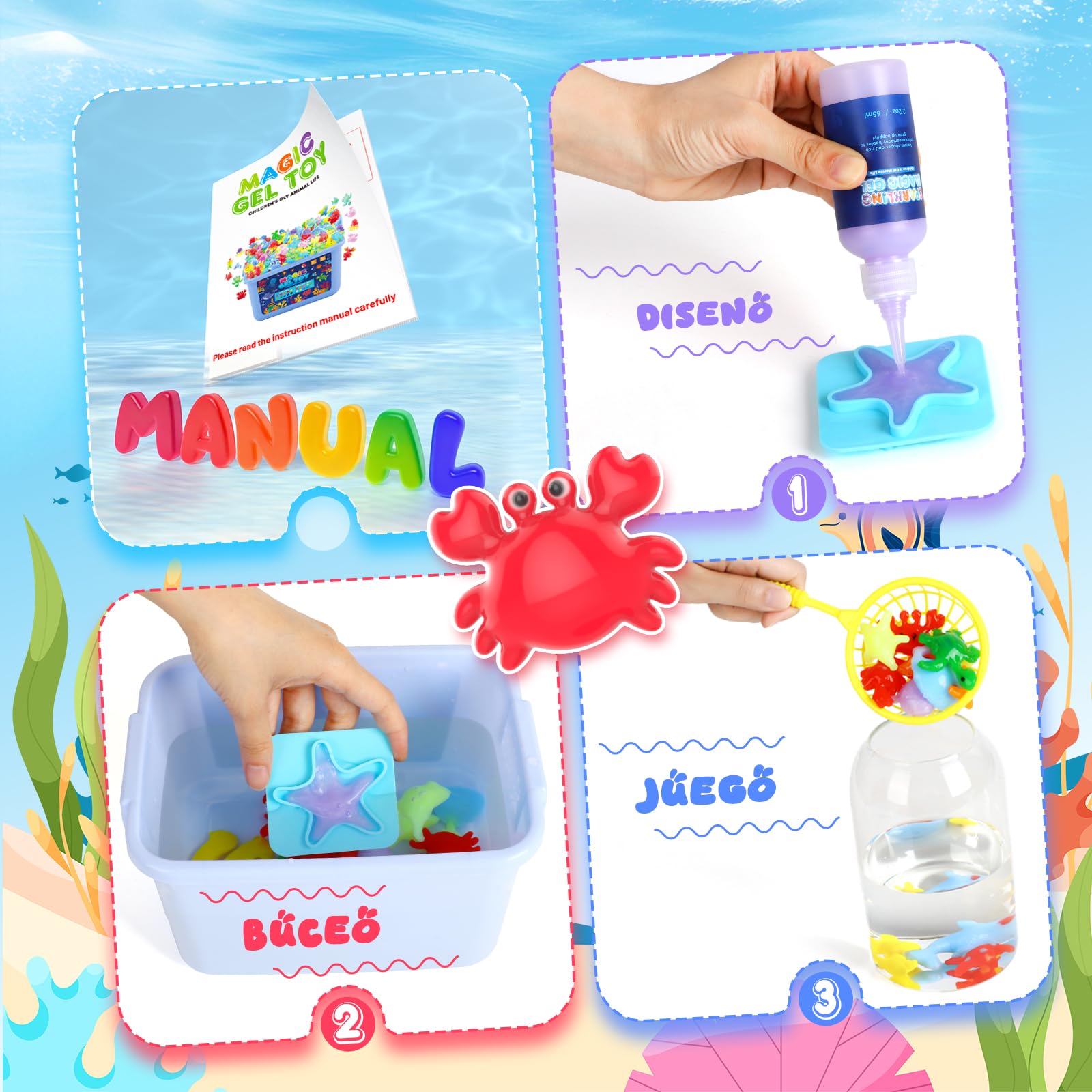 Hot Bee Kit de Gel de Agua Mágico para Niños - 10 Botellas, 8 Doble Moldes, Juguetes Niñas Magic Water Aqua Fairy Manualidades Aqua Gelz Regalo Ideal para de 4 a 10 Años Juegos Agua
