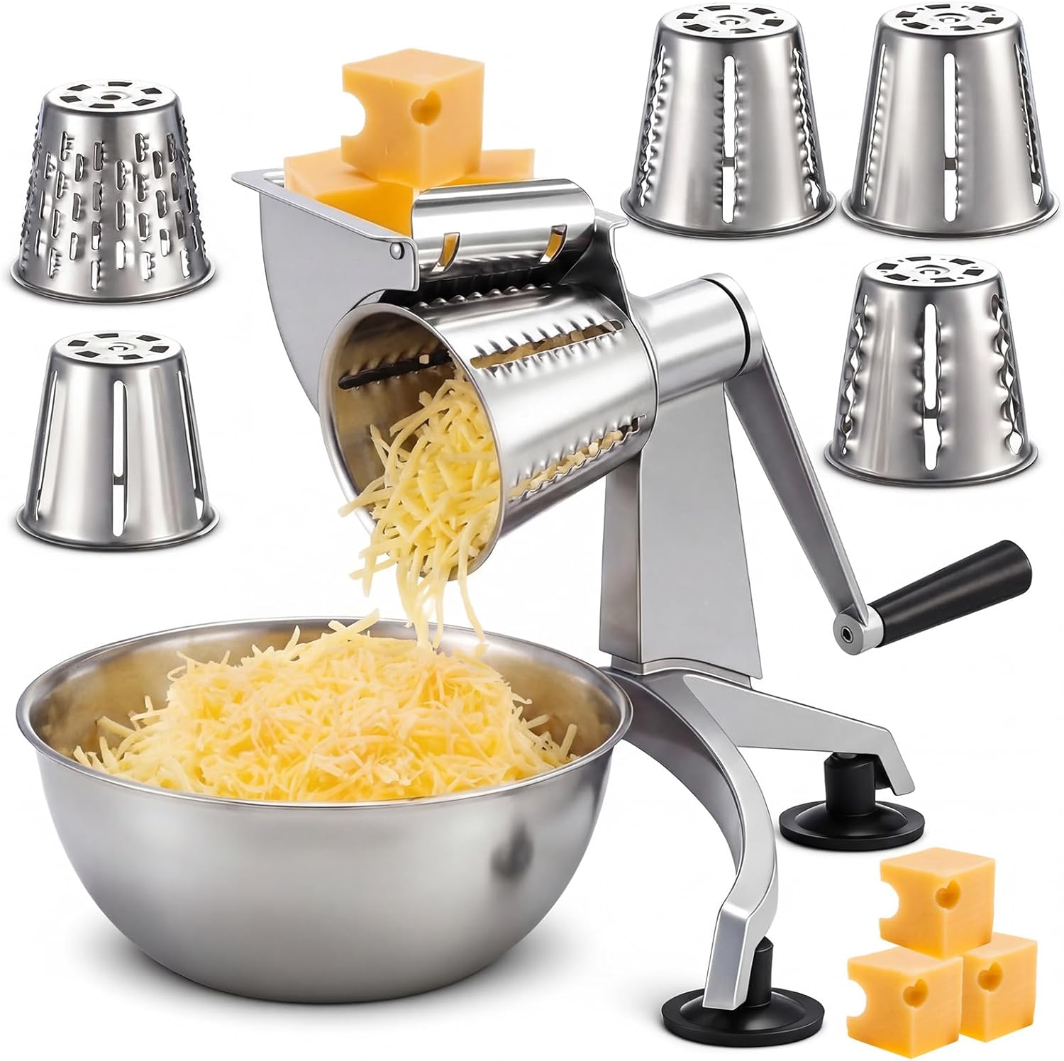 Rotary Cheese Grater with 5 Stainless Steel Cutting Cones and 2.5 L Bowl Zinc Alloy Rotary Vegetable Mandoline Manual Cheese Mandoline Manual Vegetable Grater with Suction Base