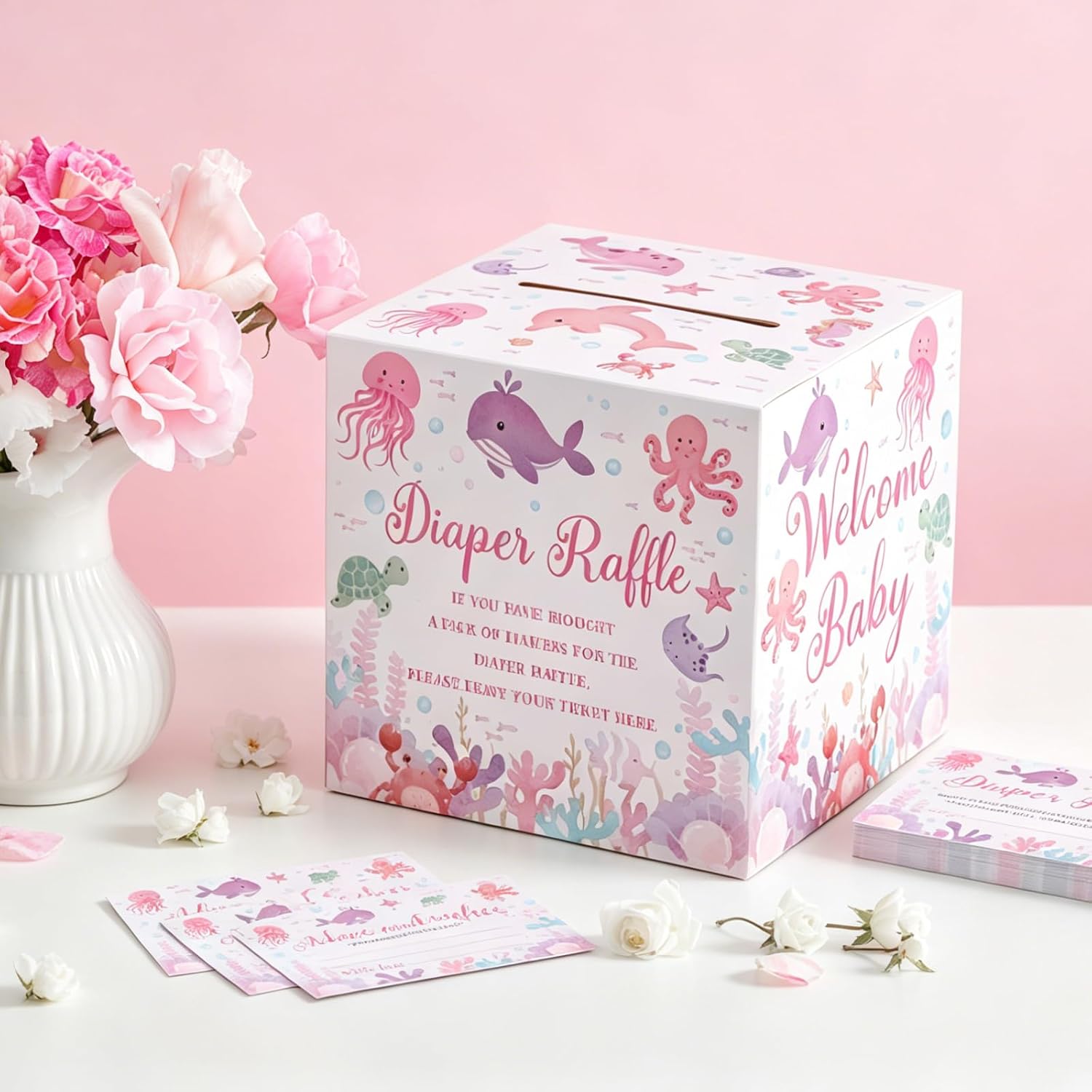 51 Pcs Pink Sea You Soon Diaper Raffle Tickets with Card Box Under the Sea Baby Shower Decorations Ocean Theme Baby Shower Game Supplies Ocean Animals Diaper Raffle Card for Gender Reveal Party Decor