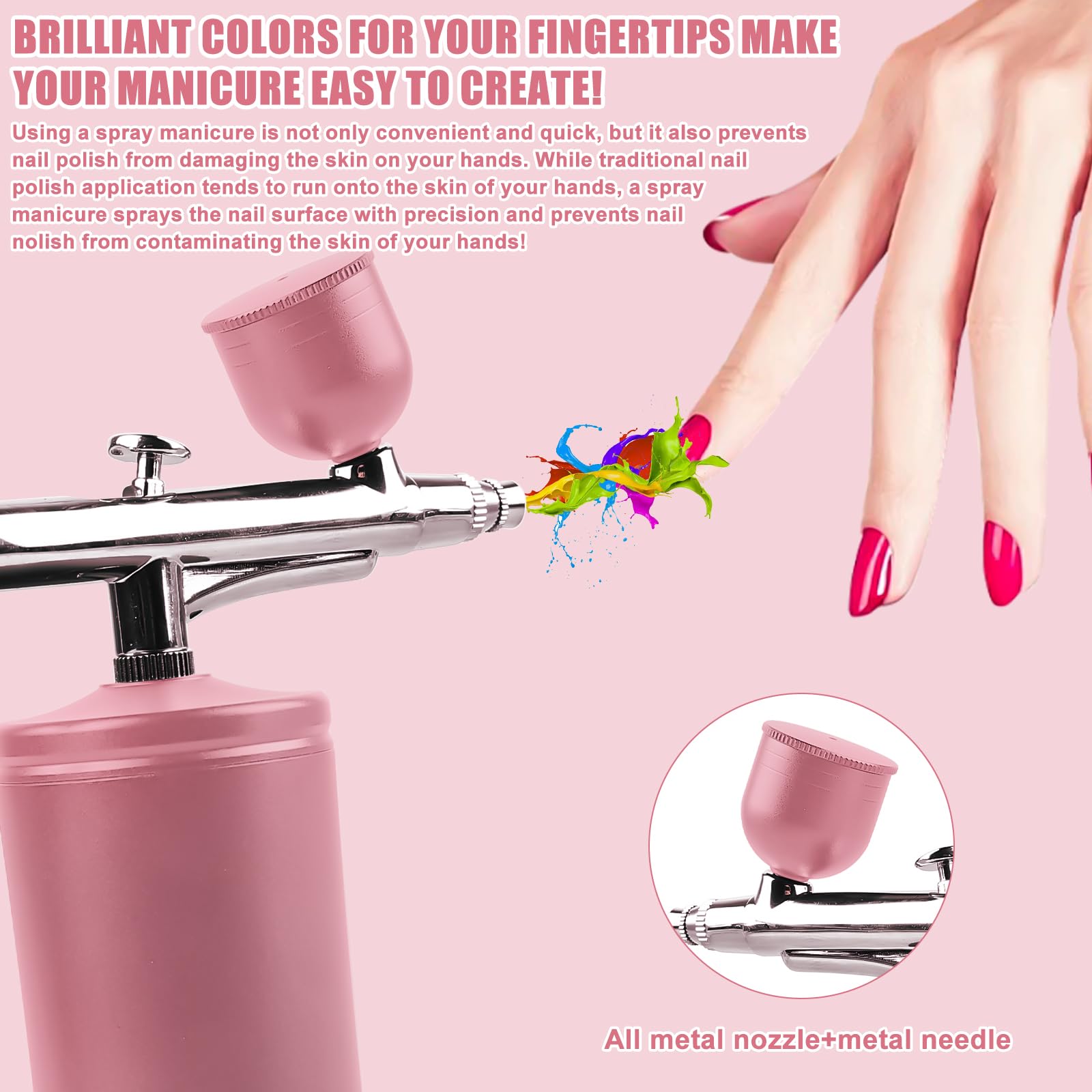 Kit aerografo portatile, pistola a spruzzo portatile ricaricabile con spazzola, mini spazzola ad aria con compressore per nail design, decorazione di torte, trucco, modellazione di tatuaggi (rosa)