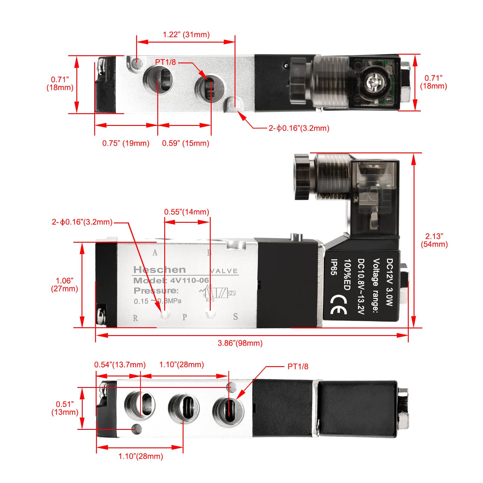 Électrovanne Pneumatique Heschen 4V110-06 24VDC, 5 Voies 2 Positions, PT1/8, Avec Raccords Et Silencieux