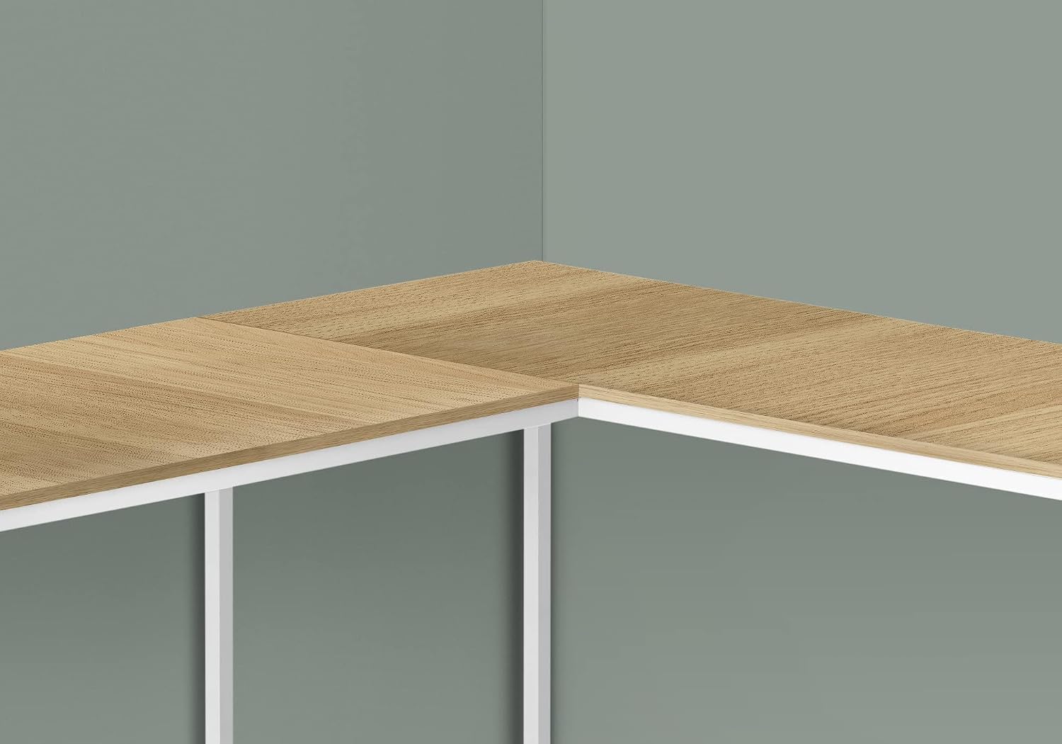 Pemberly Row Corner Computer Desk, 58" L L-Shaped Design, Natural Wood-Look Laminate, Metal Base in White Finish, Space-Saving Home Office Desk, Compact and Spacious for Productivity