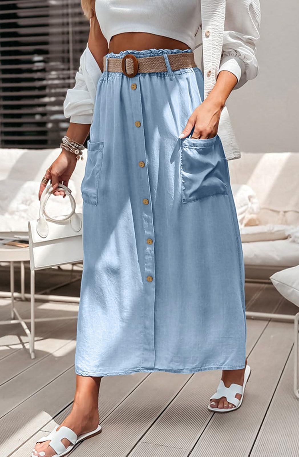 loveimgs Jupe longue d'été en Tencel fluide pour femme - Taille élastique - Coupe trapèze - Avec boutons - Volants - Style bohème léger