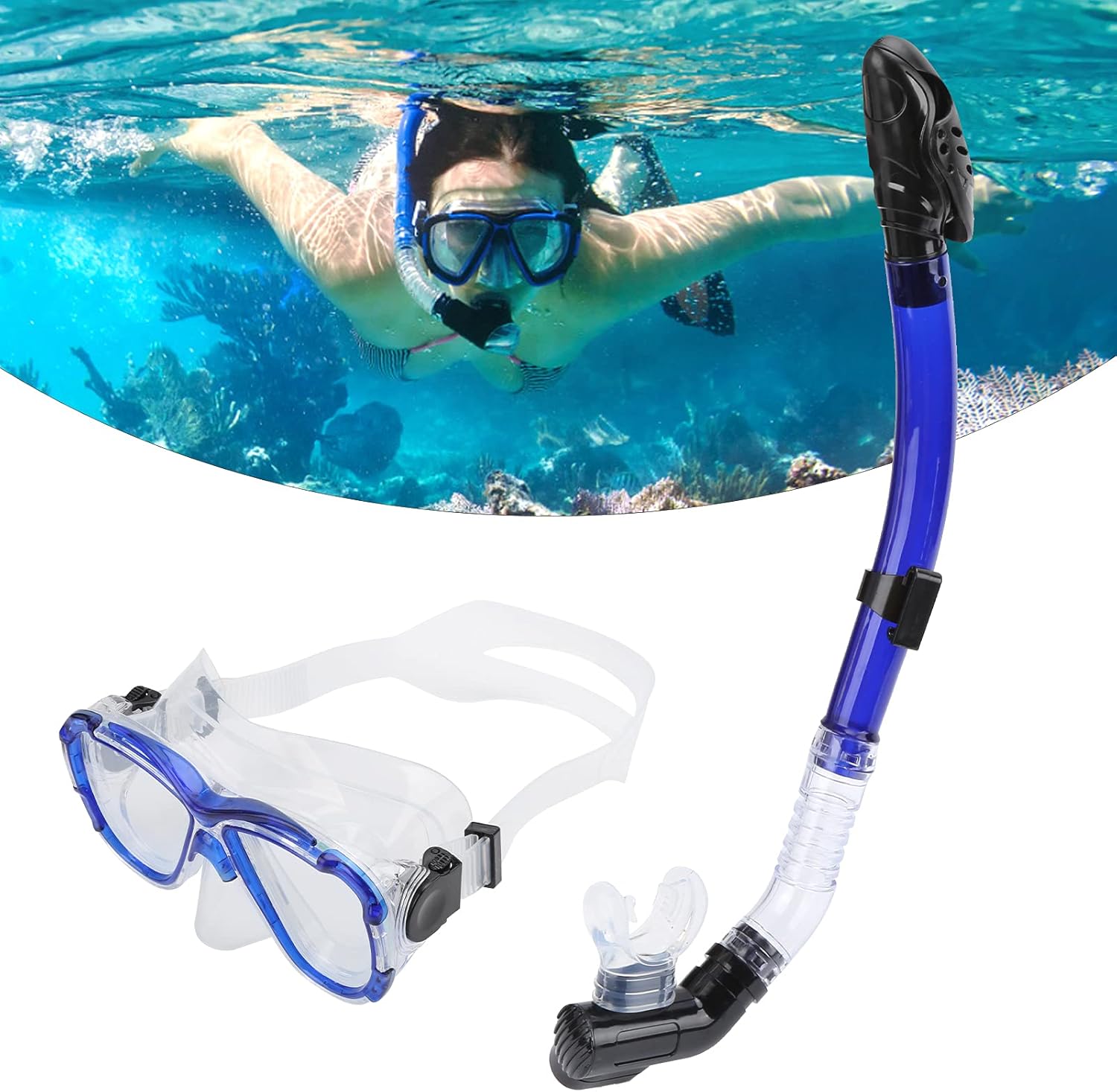 EVTSCAN Adults Snorkel Set Anti‑Fog Diving Cover Tempered Glass Goggles with Dry Top Snorkel Tube