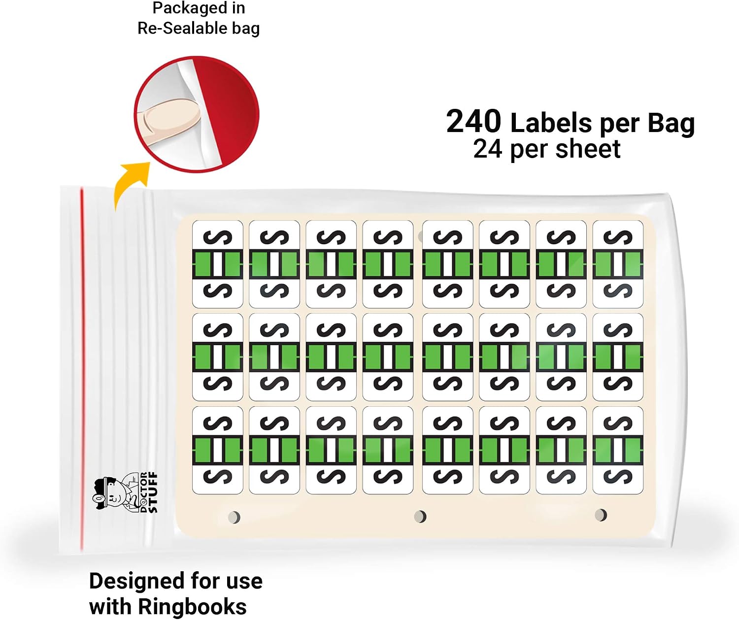 Doctor Stuff - File Folder Labels, Ringbook Sheets, Alphabet Letter S, POS 2000 - PP3R Match Compatible Alpha Stickers, Light Green, 15/16" x 1-5/8", 240 Labels per Pack