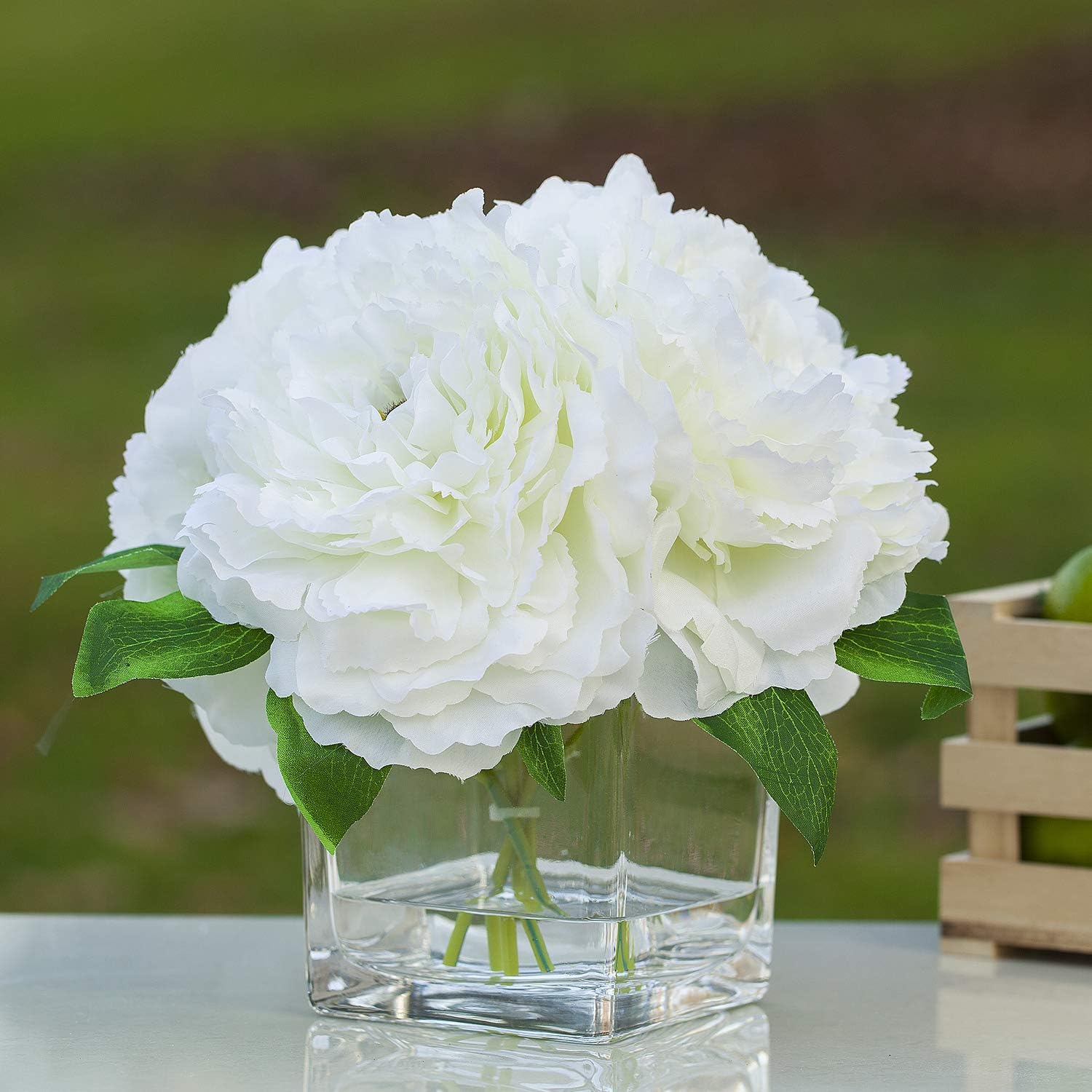 ENOVA HOME Silk Peony Flowers Arrangements in Cube Glass Vase with Faux Water for Home Table Wedding Centerpiece Decoration (Cream) - Image 2