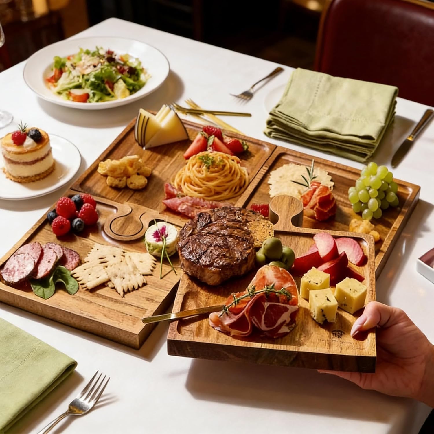 Multipurpose Wood Serving Board Set Can Be United or Used Separately for Various Incidents Serving Plate Set